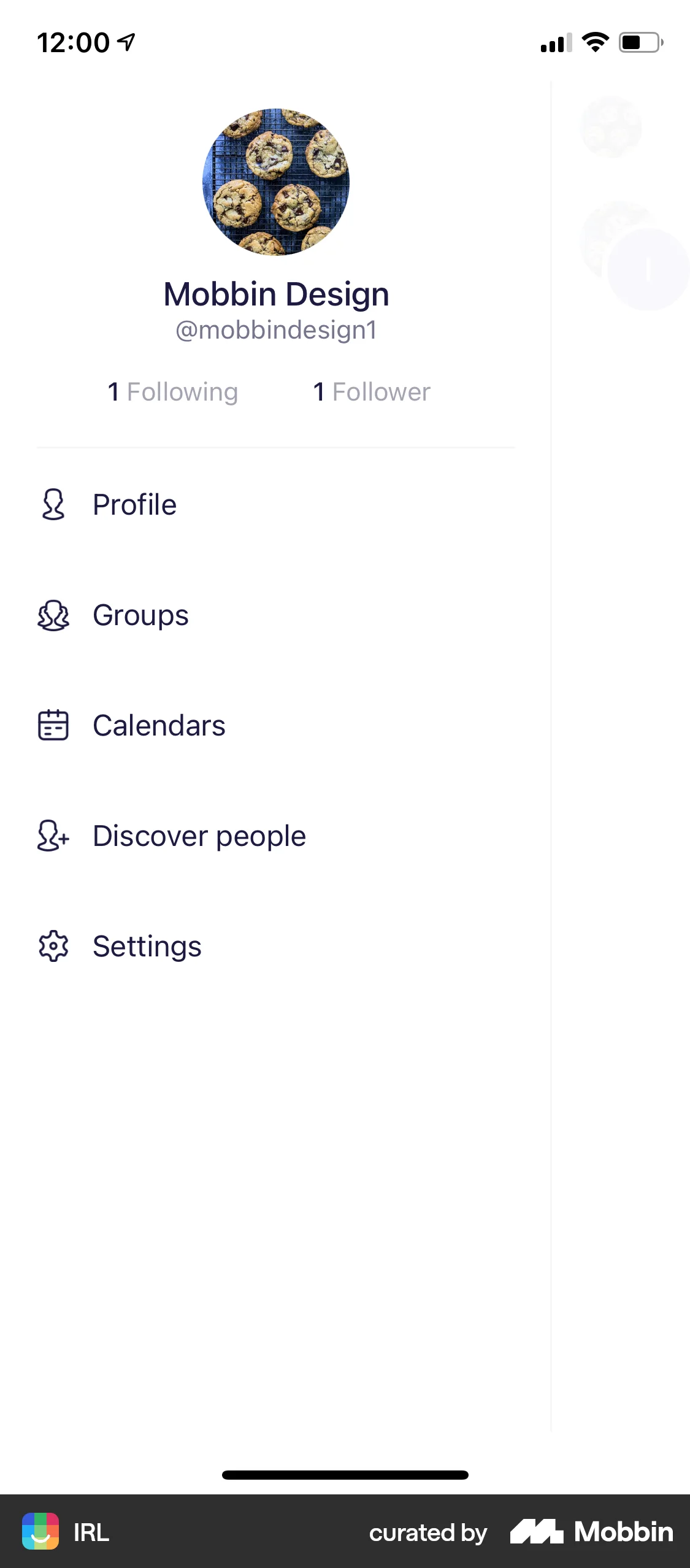 IRL iOS screen containing Side Navigation UI element