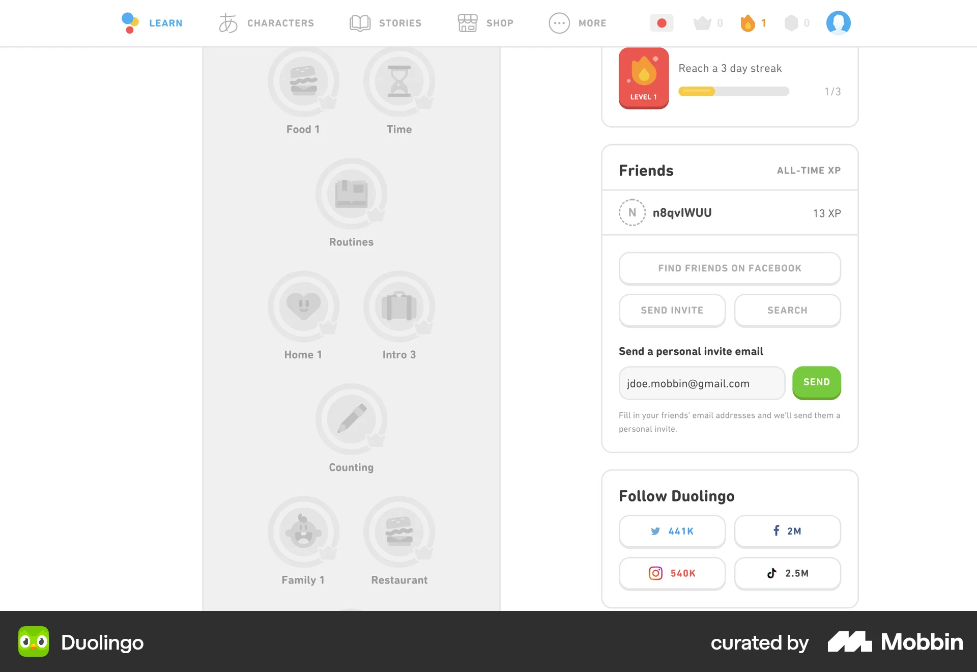 Duolingo Web Invite & Refer Friends screen