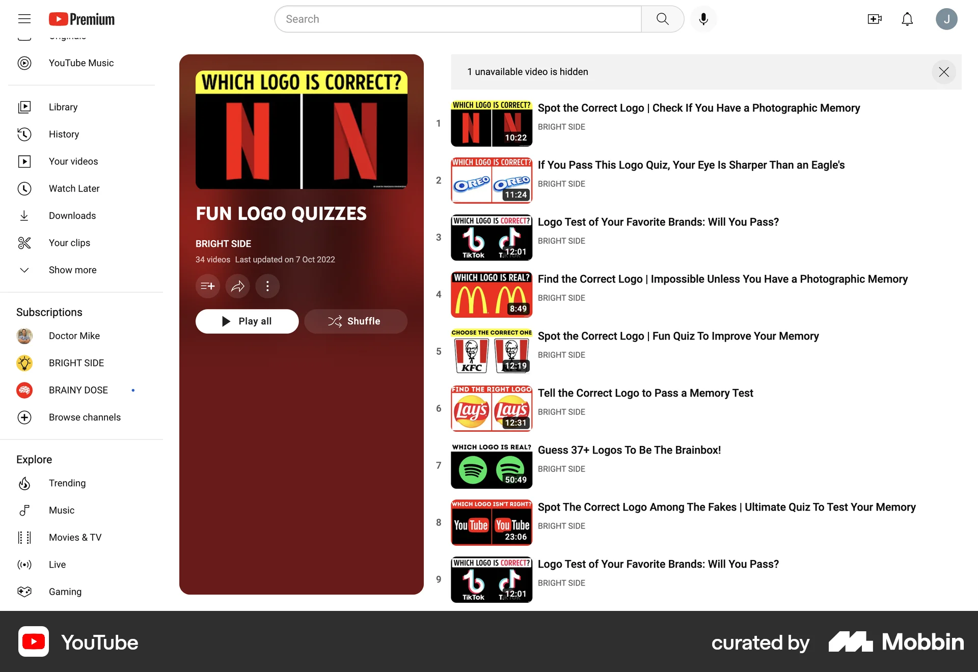 YouTube Web Playlists screen
