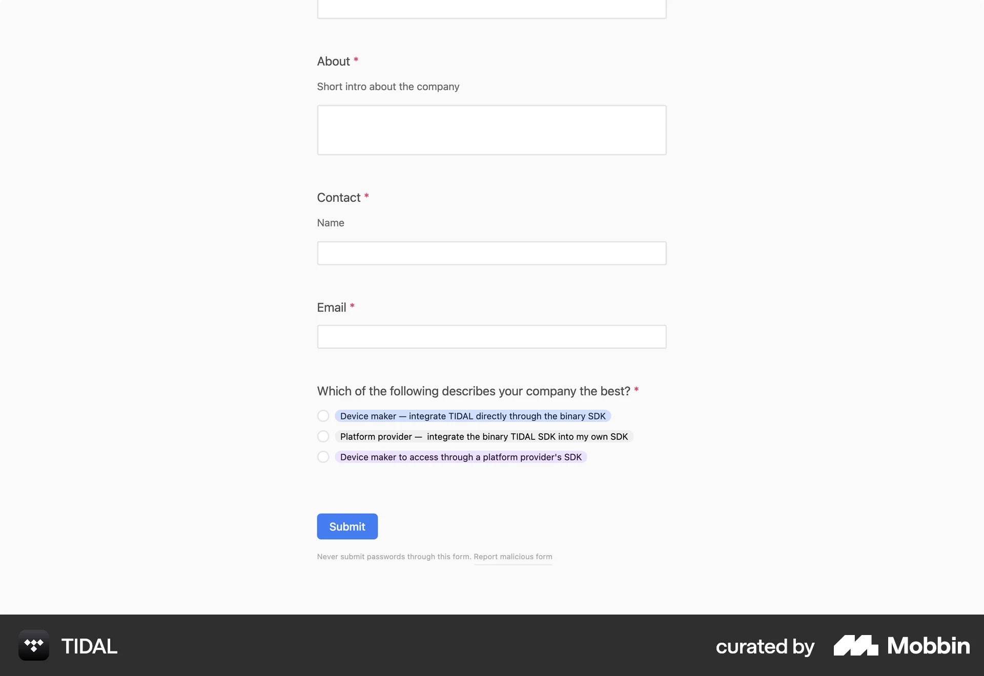 TIDAL Web Web Form UI screen