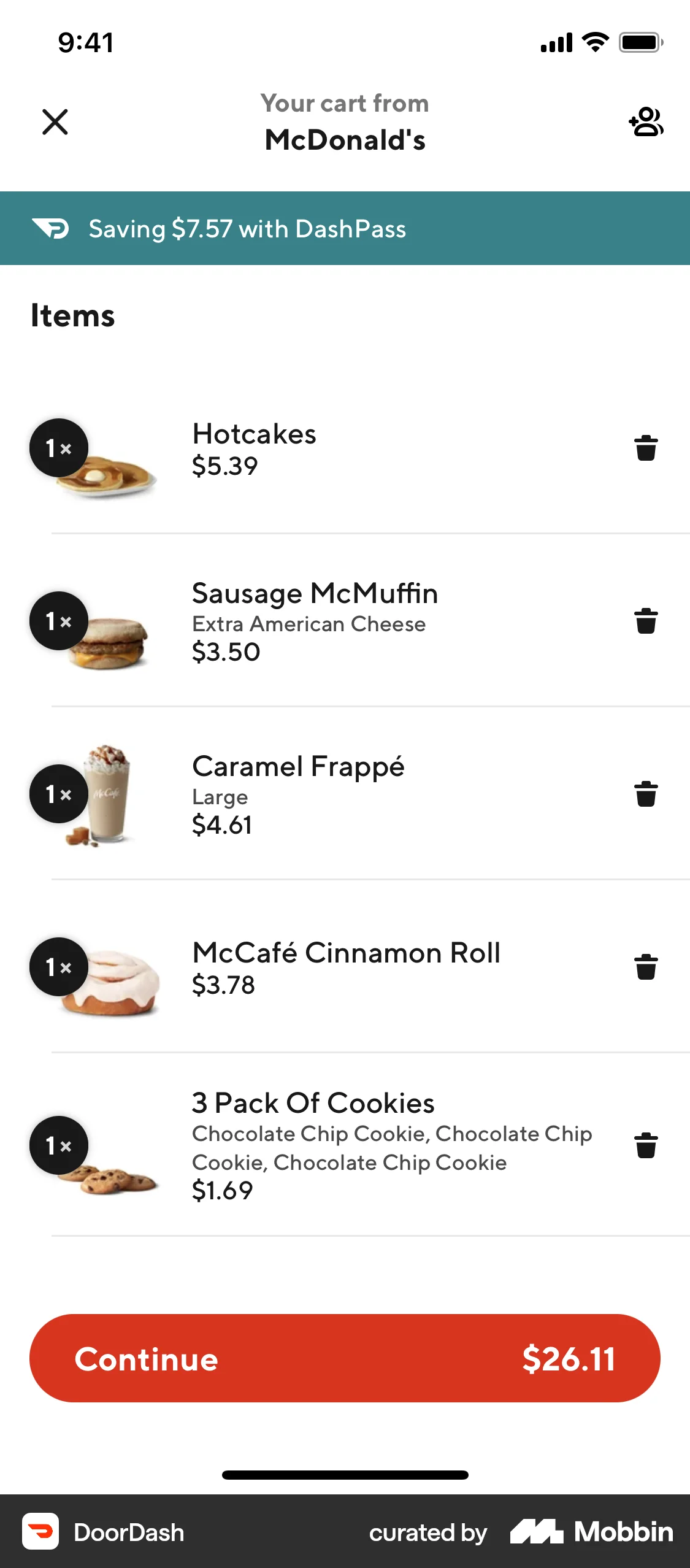 DoorDash iOS Mobile Shopping Cart screen