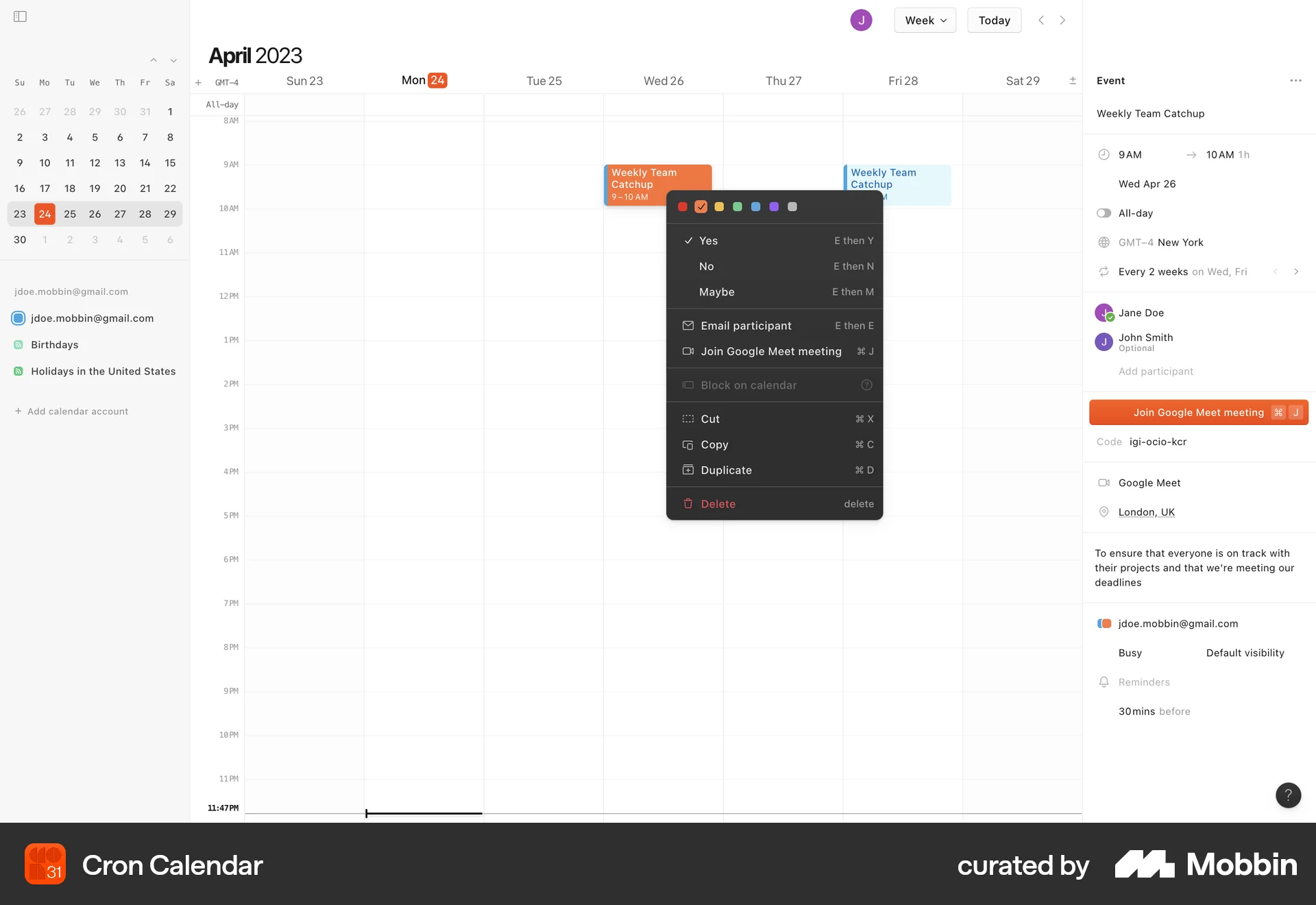 Cron Calendar Web screen containing Context Menu UI element