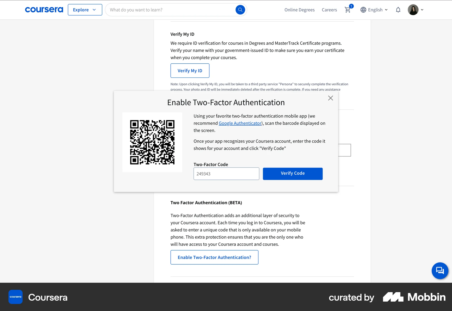 Coursera Web QR Code screen