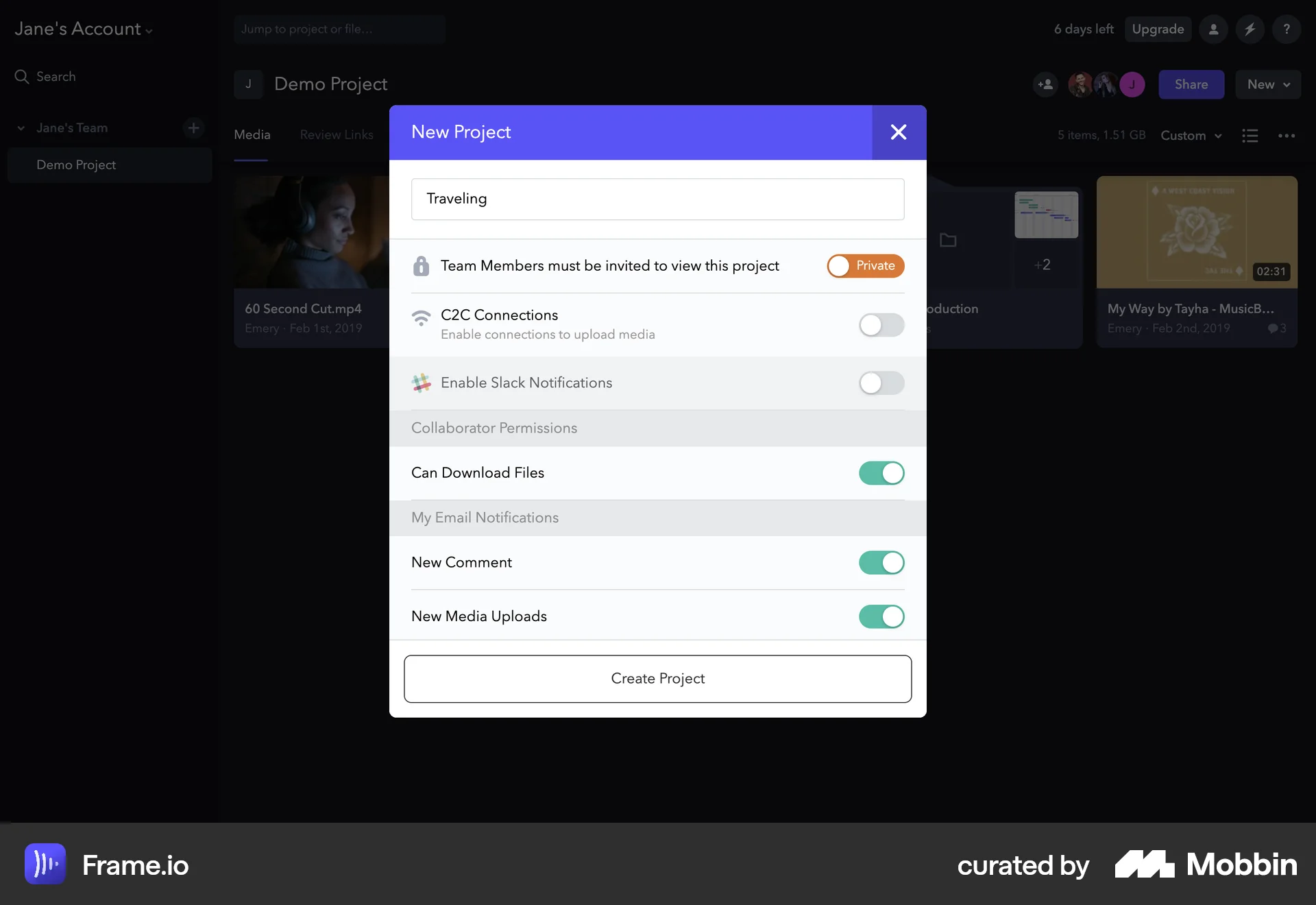 Frame.io Web screen containing Switch UI element
