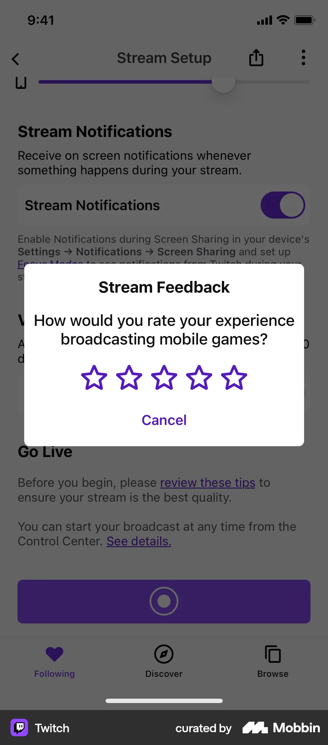 Twitch iOS Feedback screen