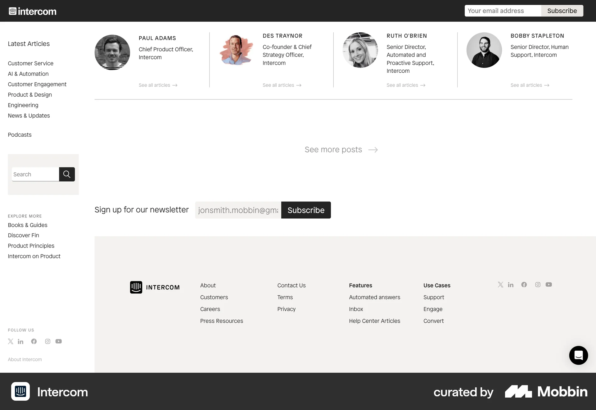 Intercom Web Follow & Subscribe screen