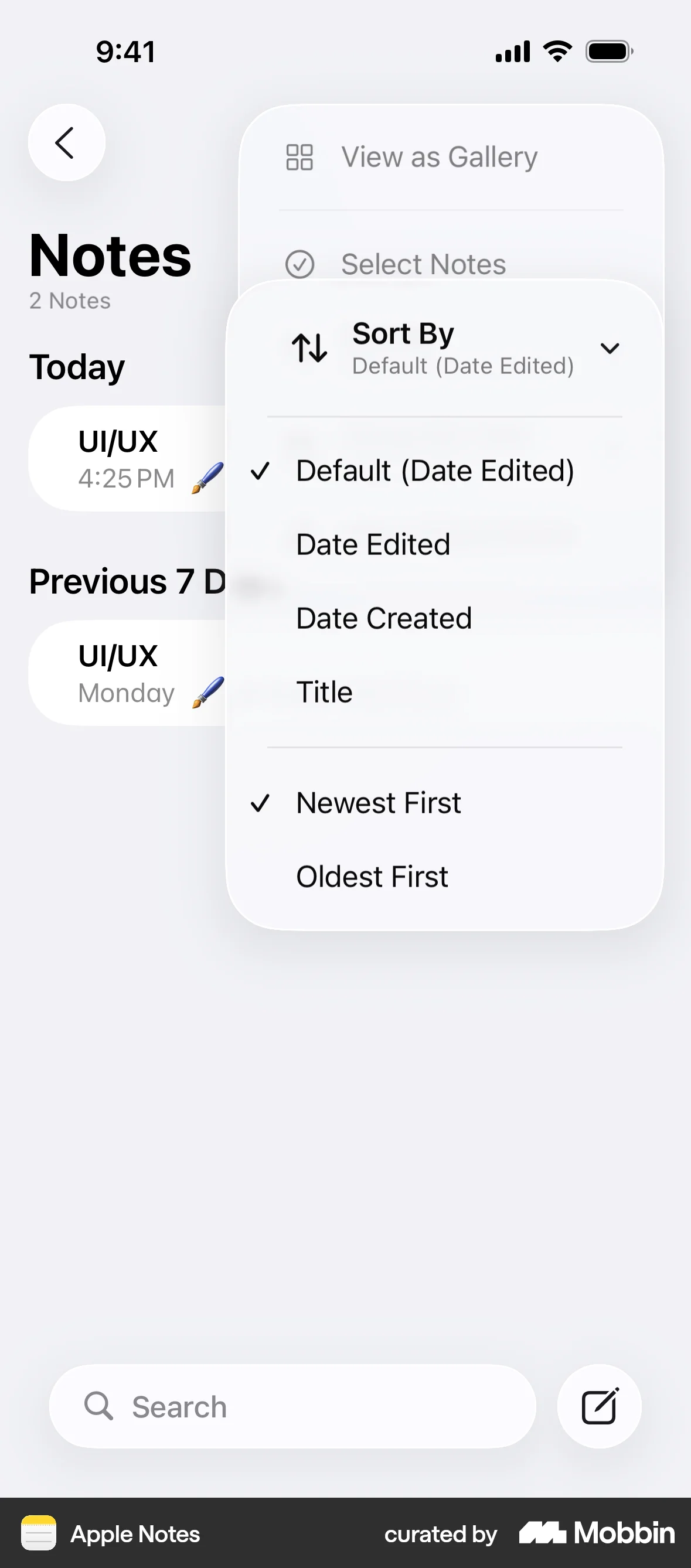 Apple Notes iOS Glassmorphism screen