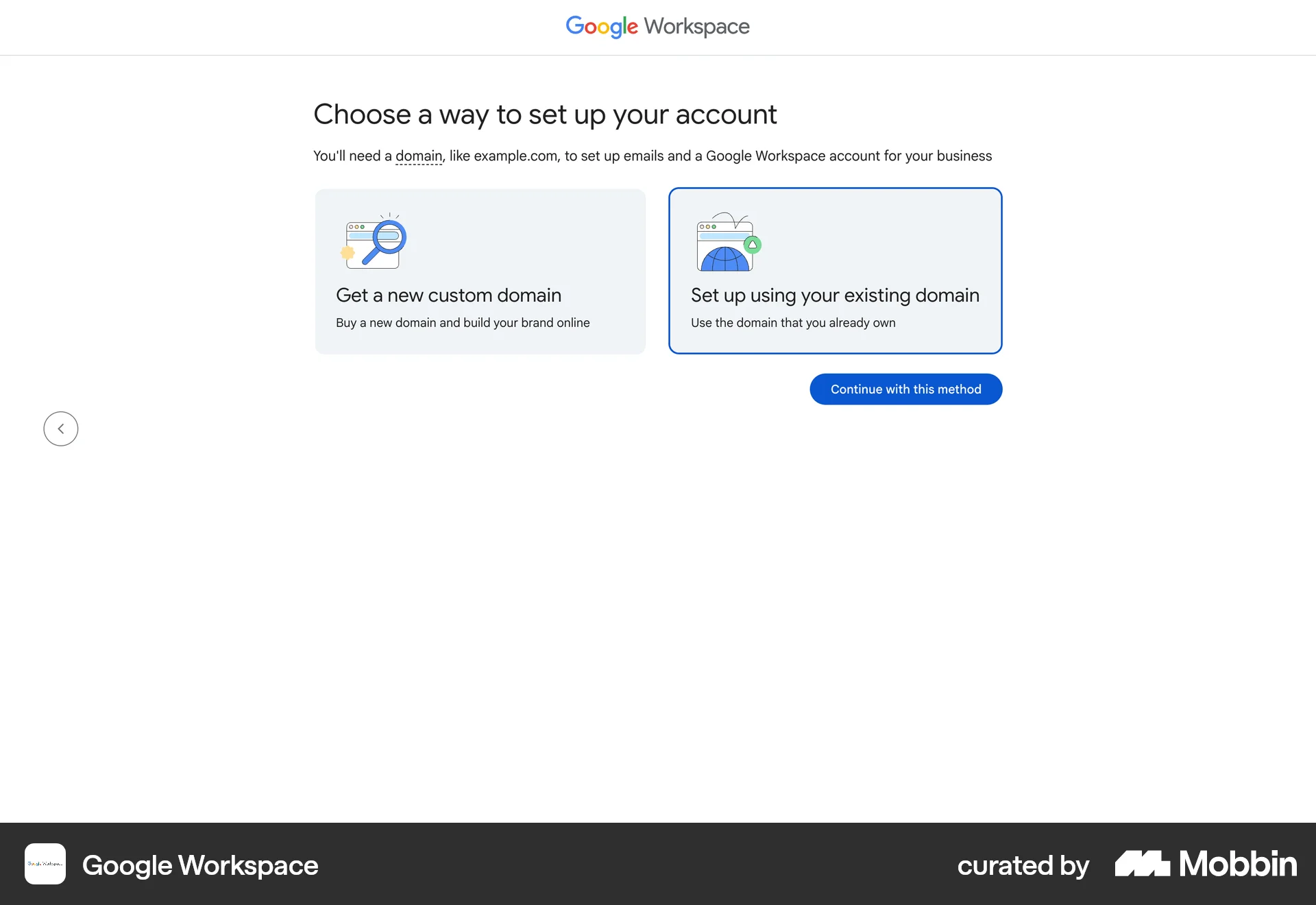 Google Workspace Web Account Setup screen