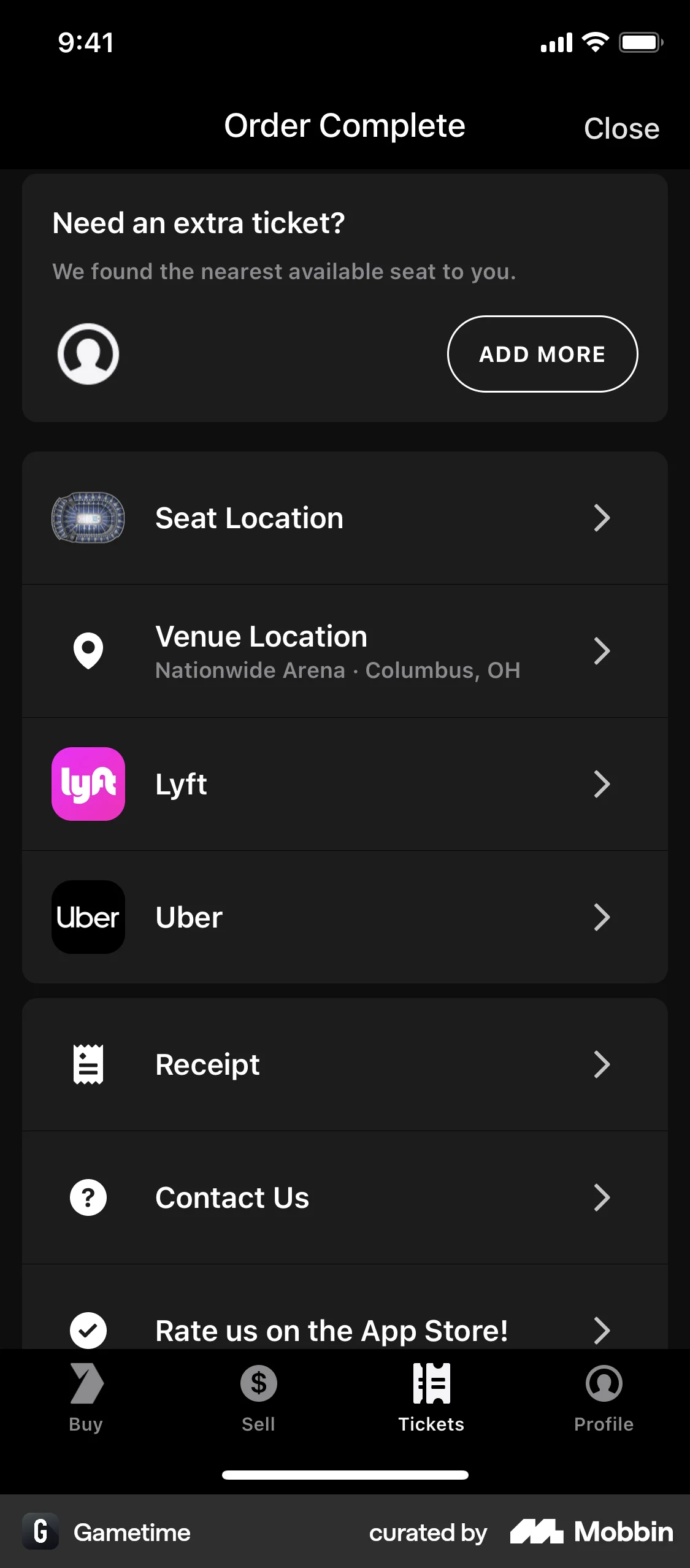 Gametime iOS Order History screen