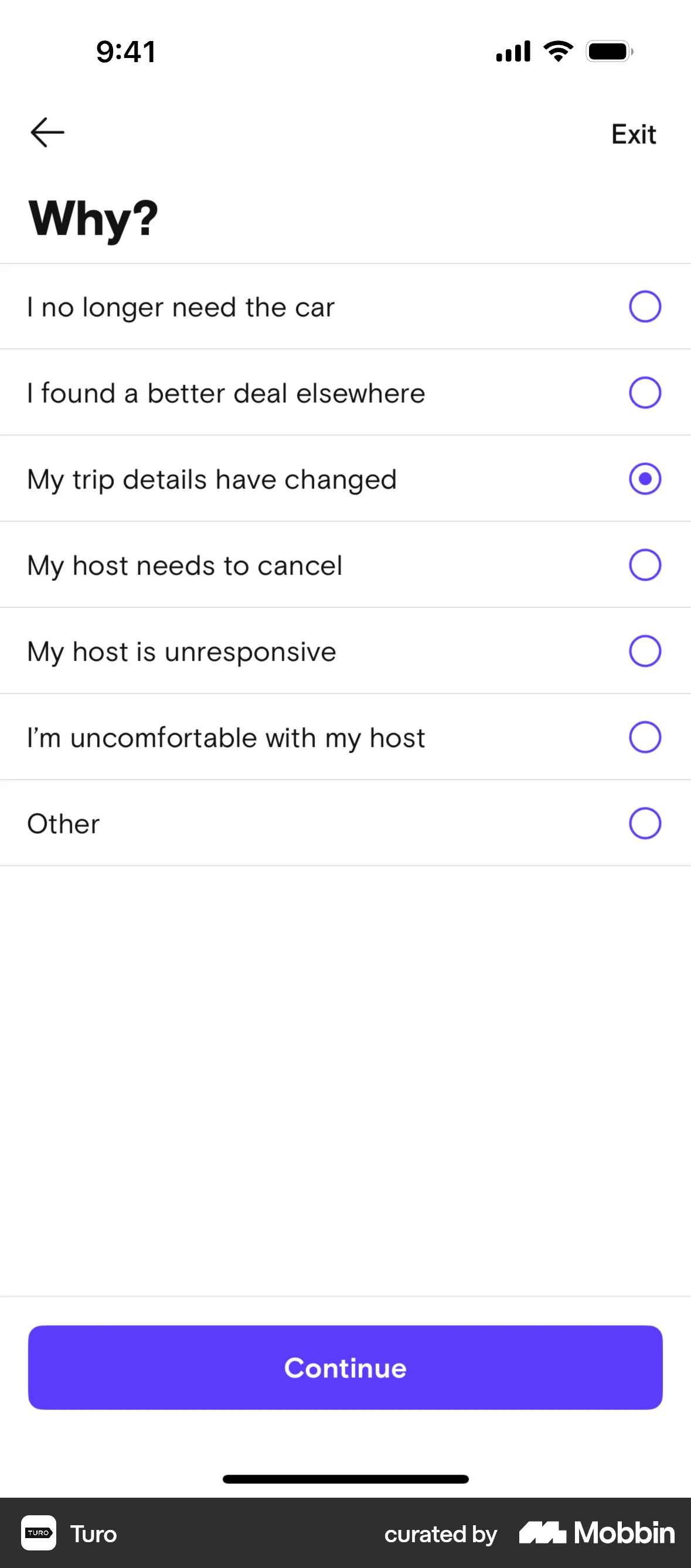Turo iOS Feedback screen