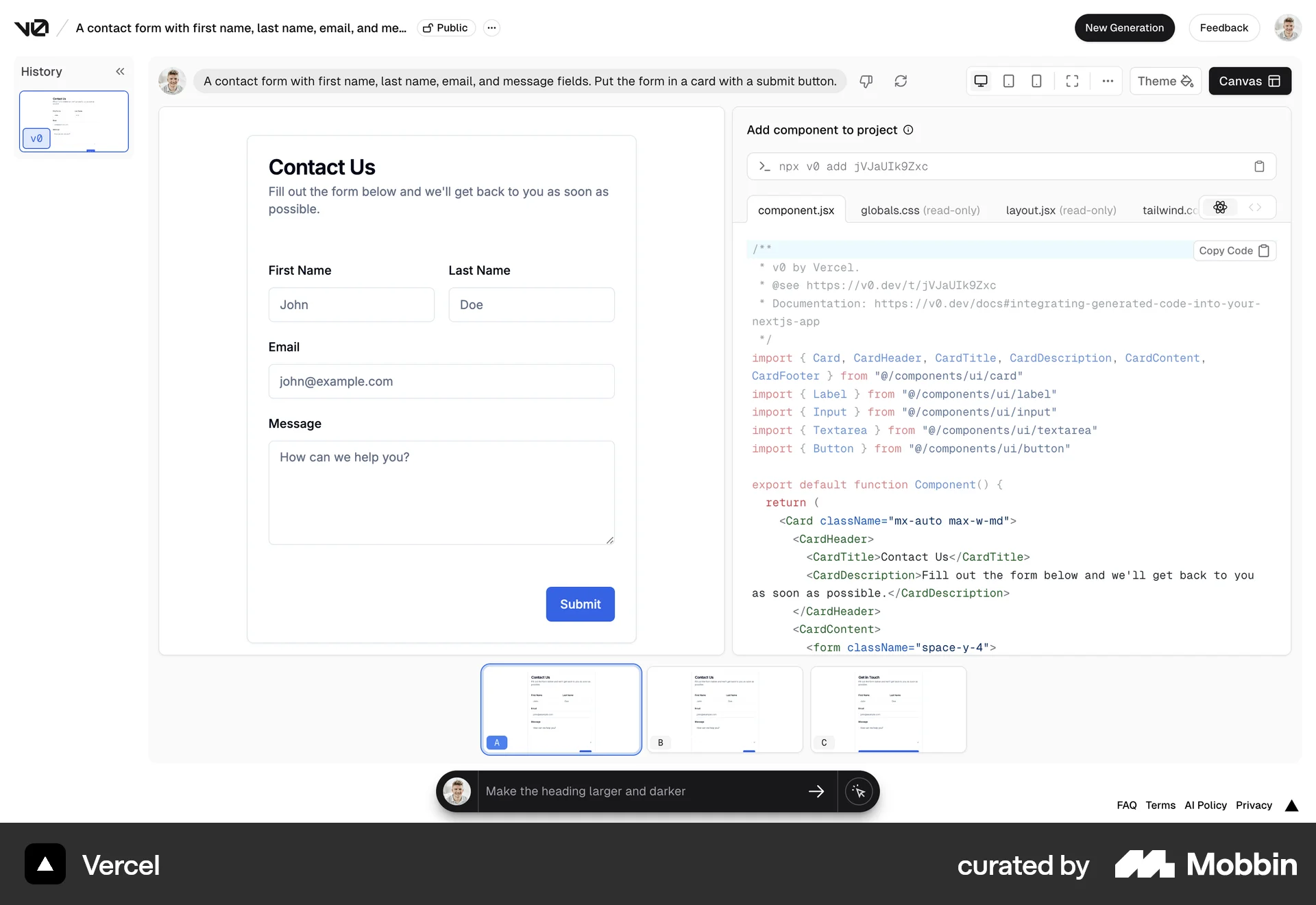 Vercel Web Internal Tool screen