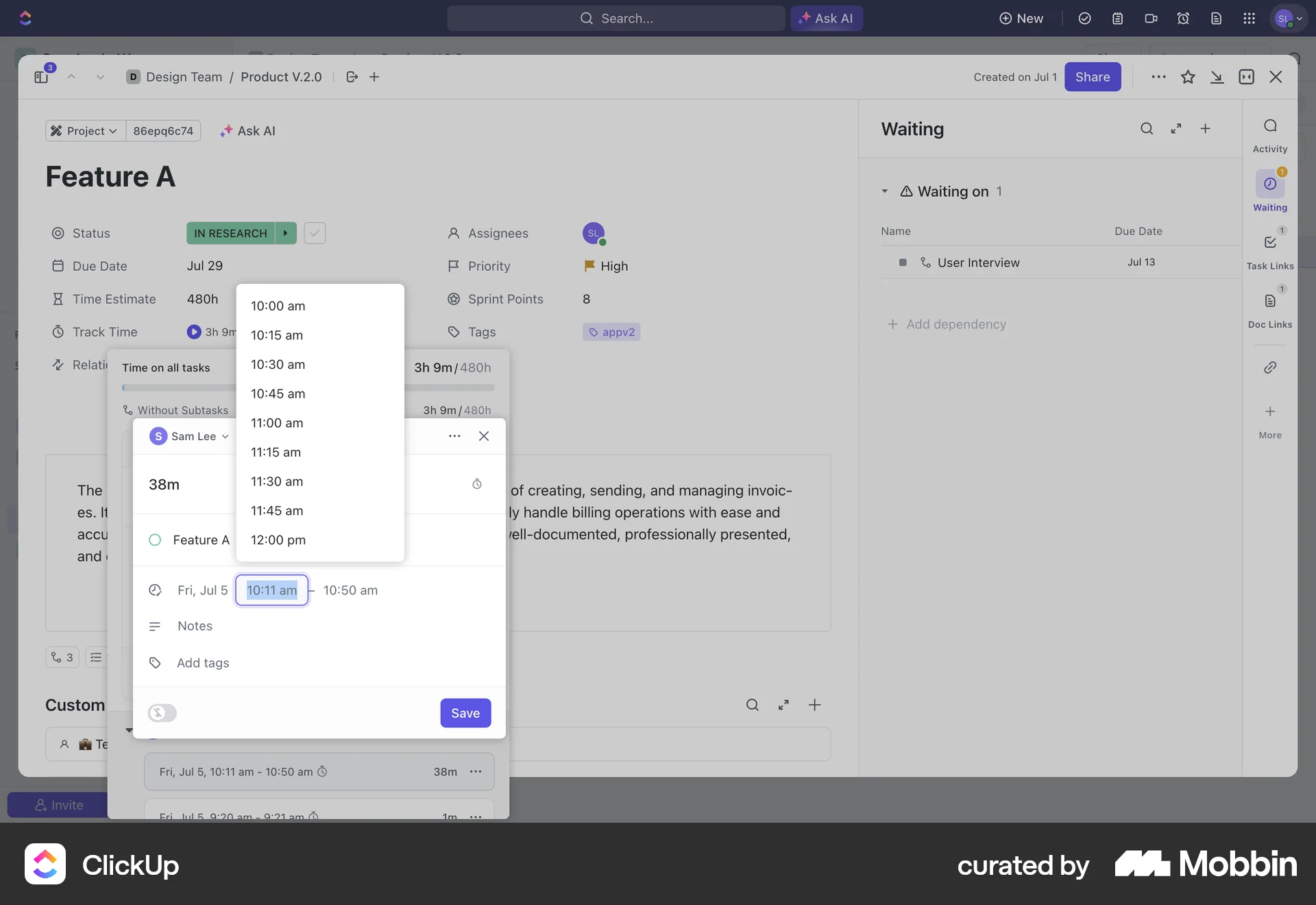 ClickUp Web screen containing Time Picker UI element