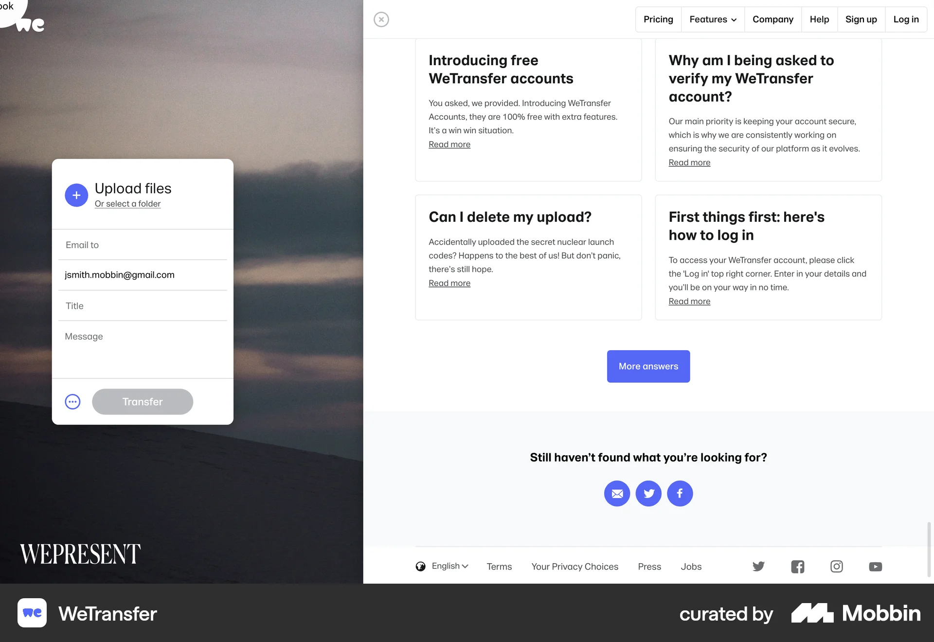 WeTransfer Web Help & Support screen