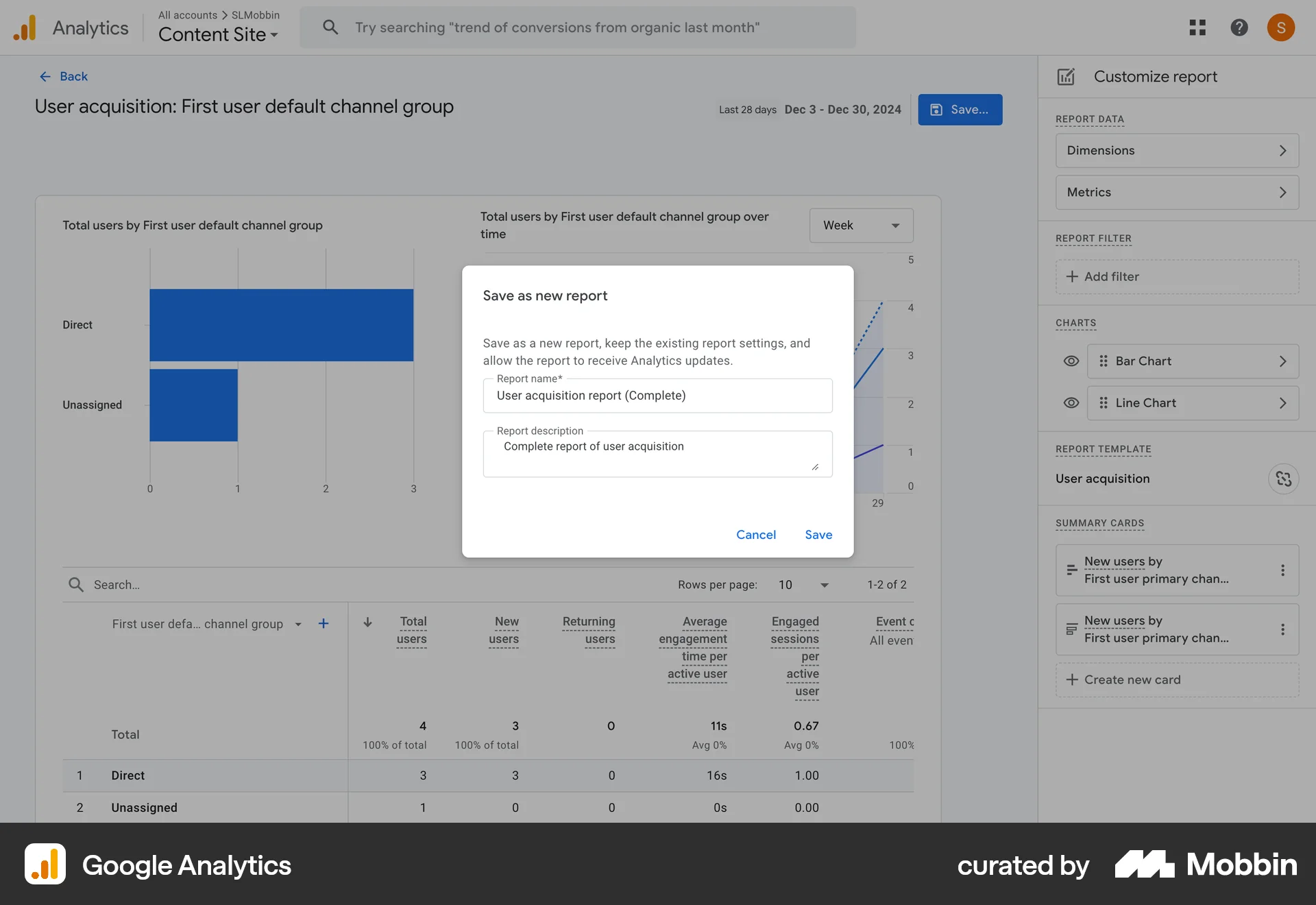 Google Analytics Web Save screen