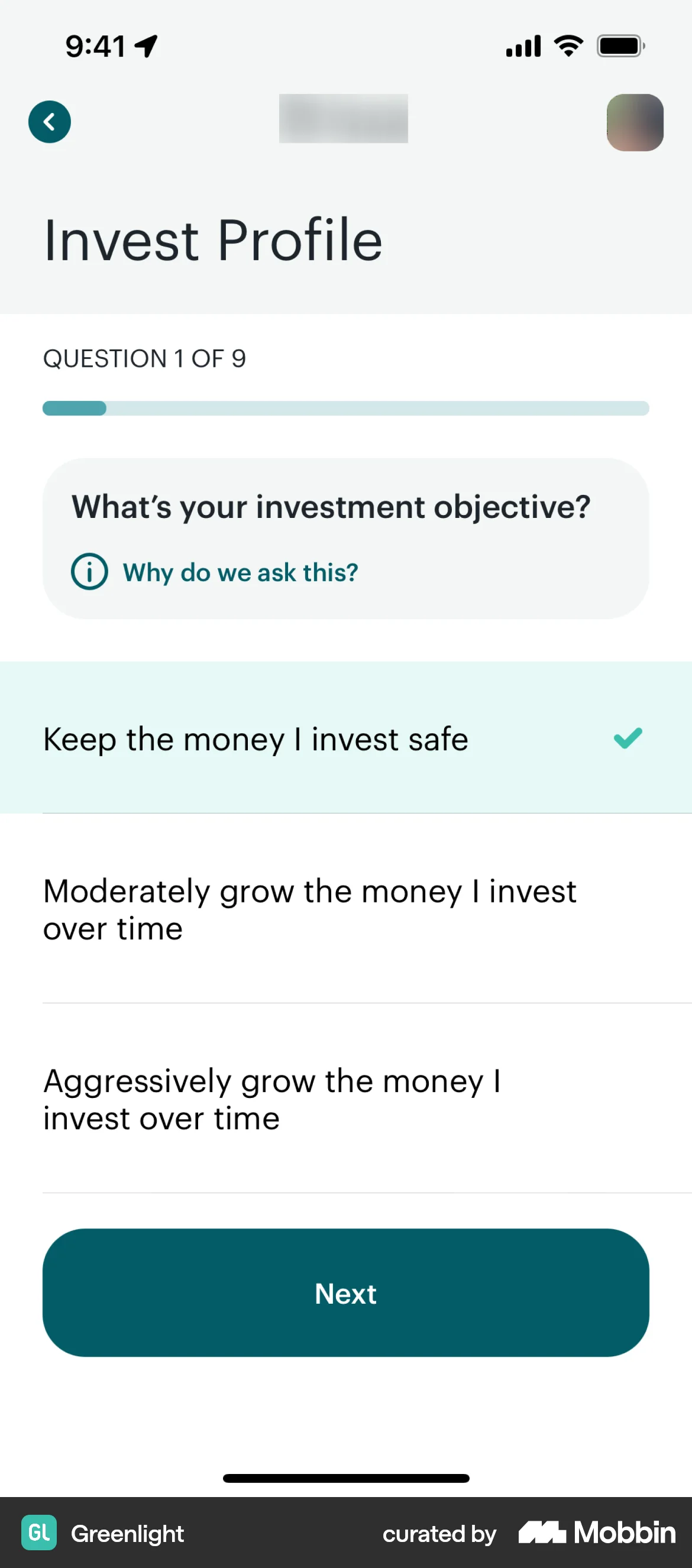 Greenlight iOS Quiz screen