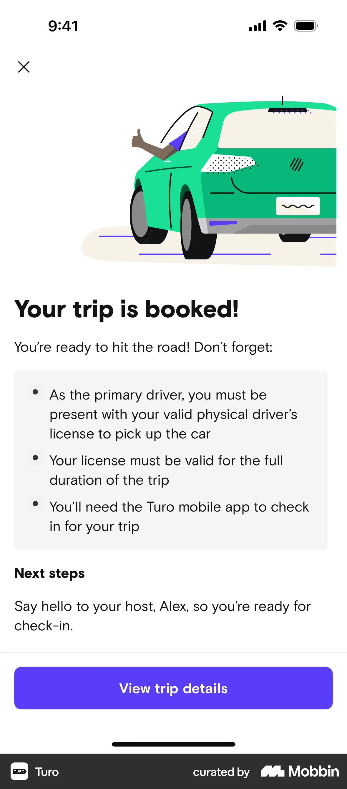 Turo iOS Order Confirmation screen