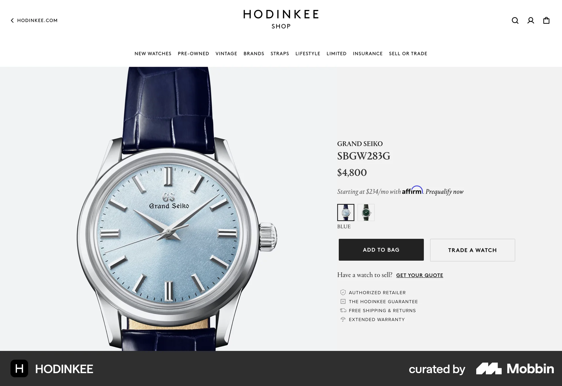 HODINKEE Web Product Detail screen