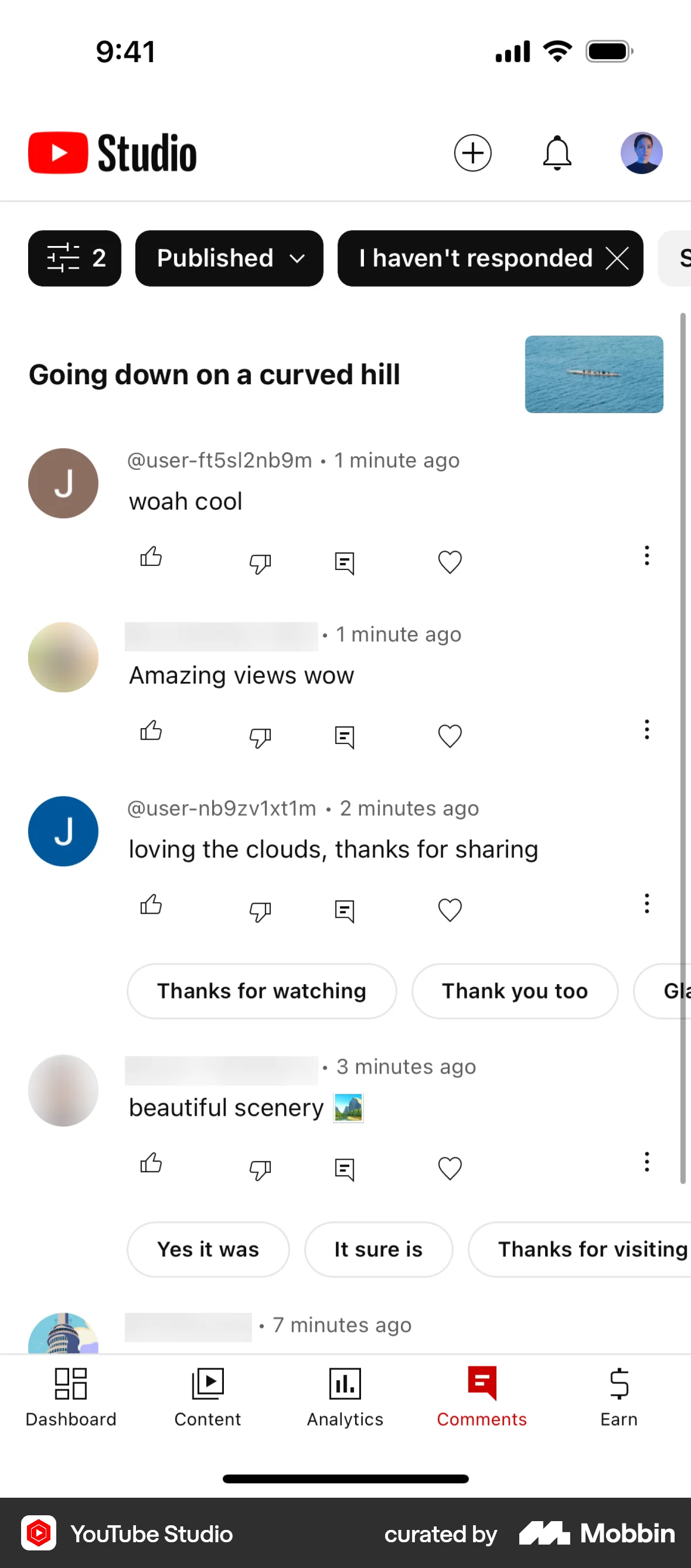 YouTube Studio iOS Comments screen