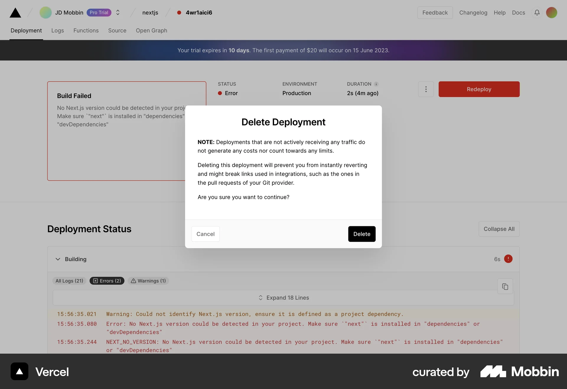 Vercel Web Delete screen