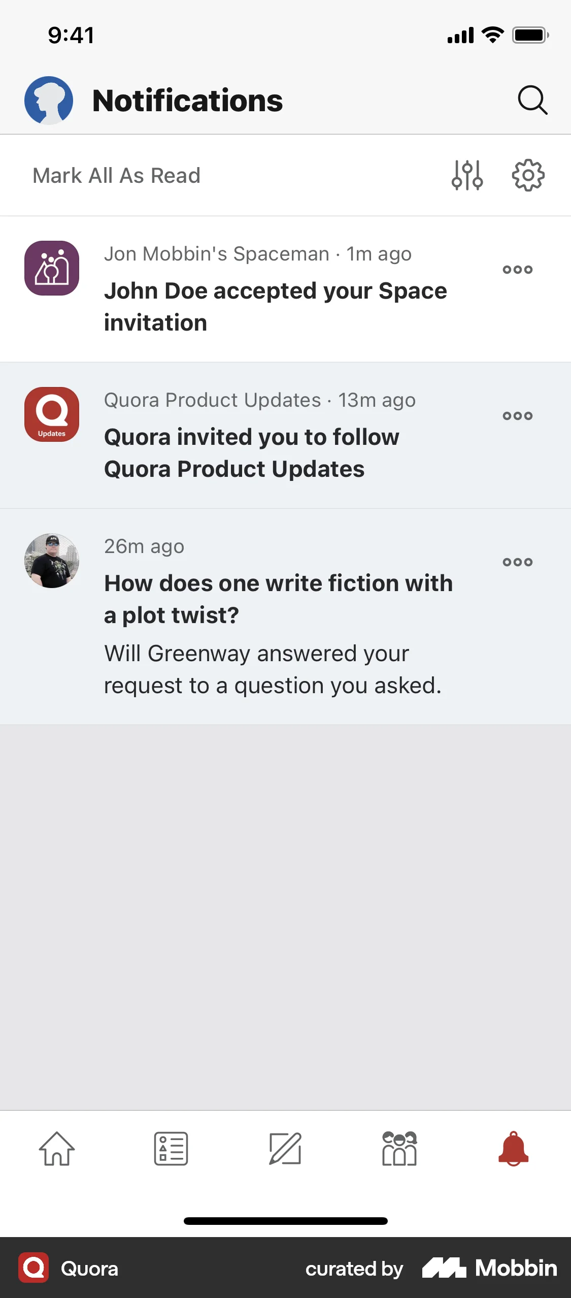 Quora iOS Notifications screen