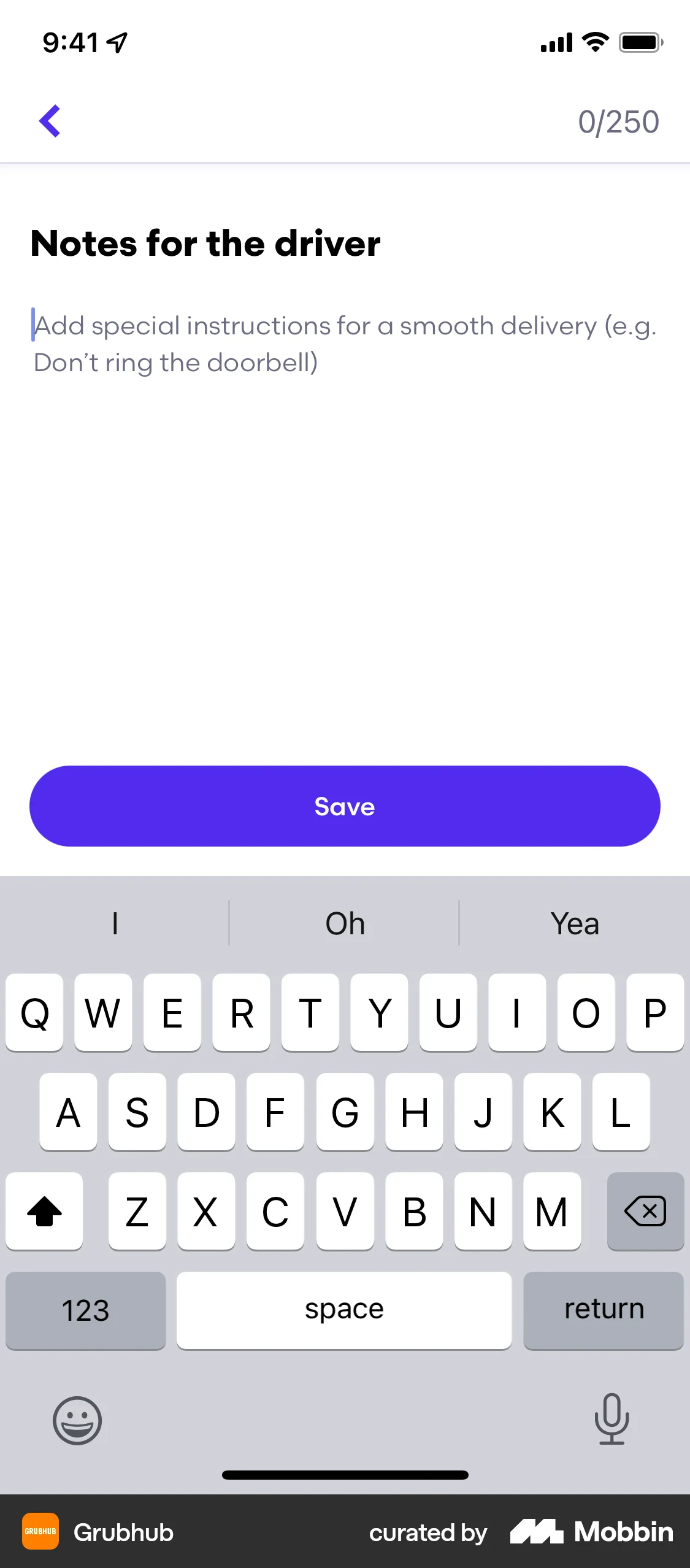 Grubhub iOS Note Detail screen