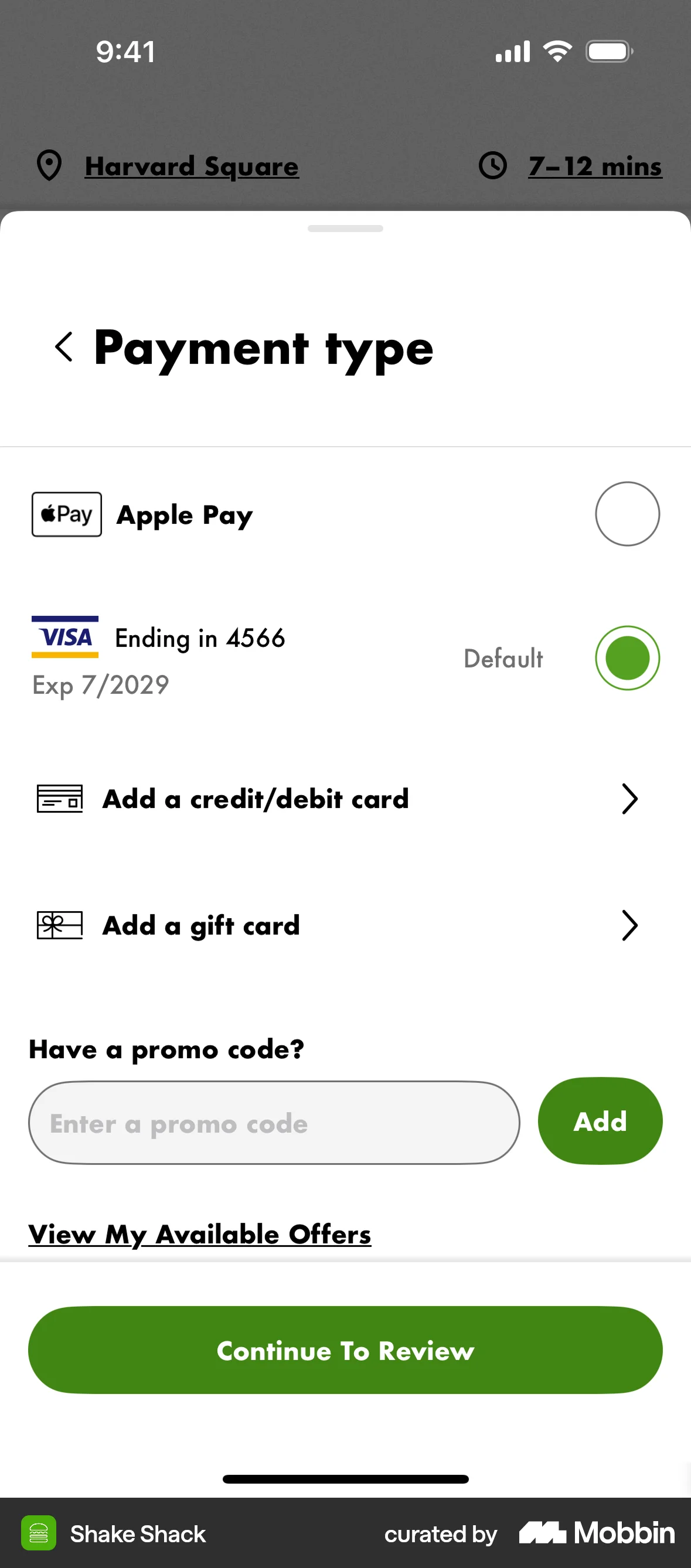 Shake Shack iOS Payment Method screen