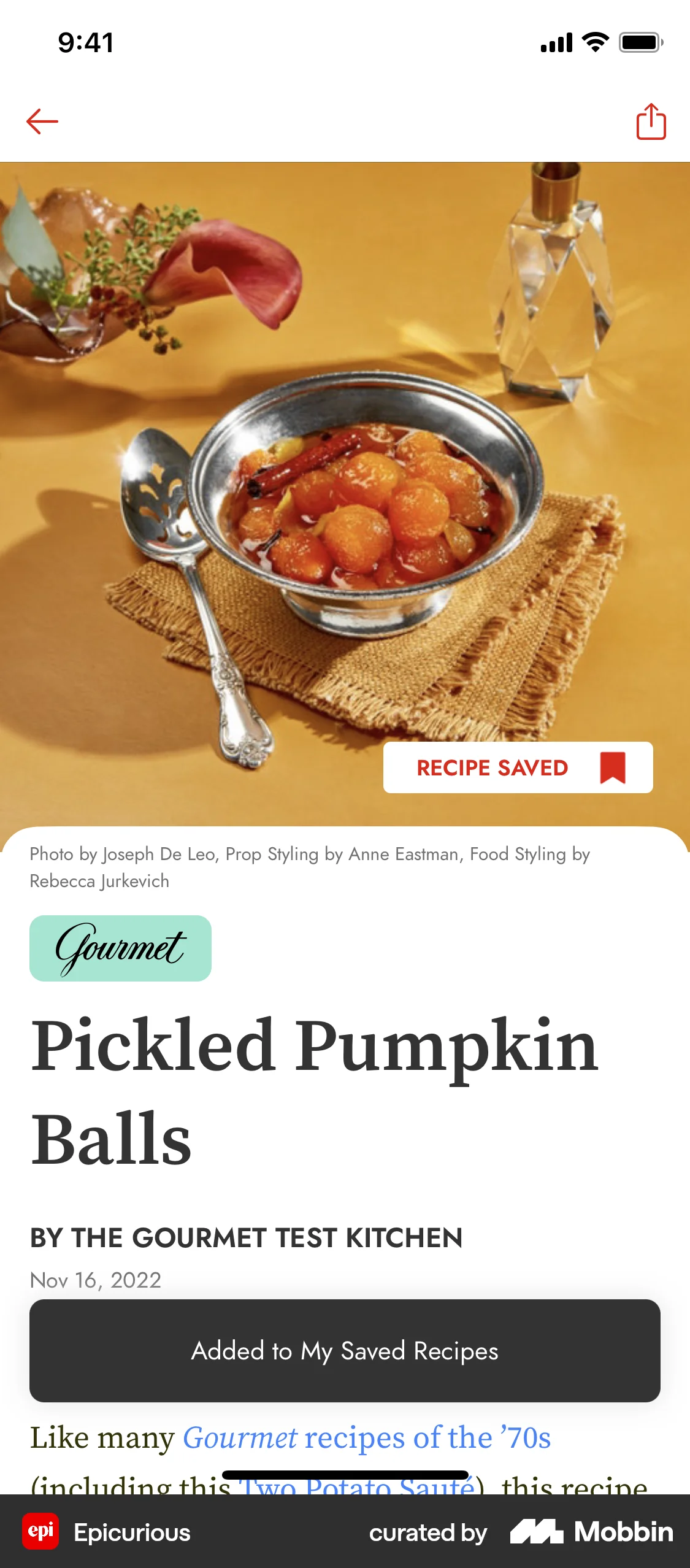 Epicurious iOS Save screen
