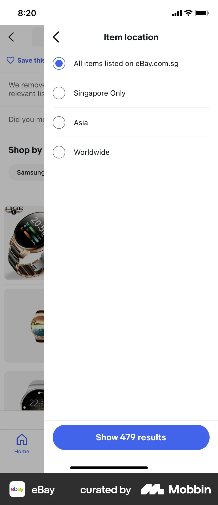eBay iOS screen containing Drawer UI element