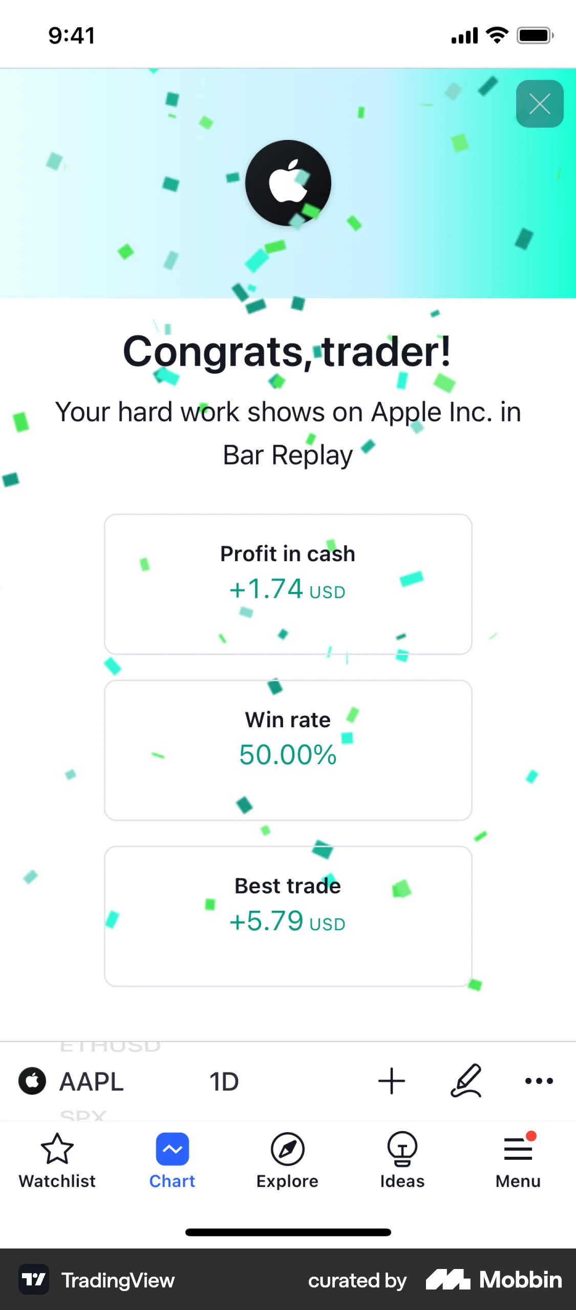TradingView iOS Confetti screen