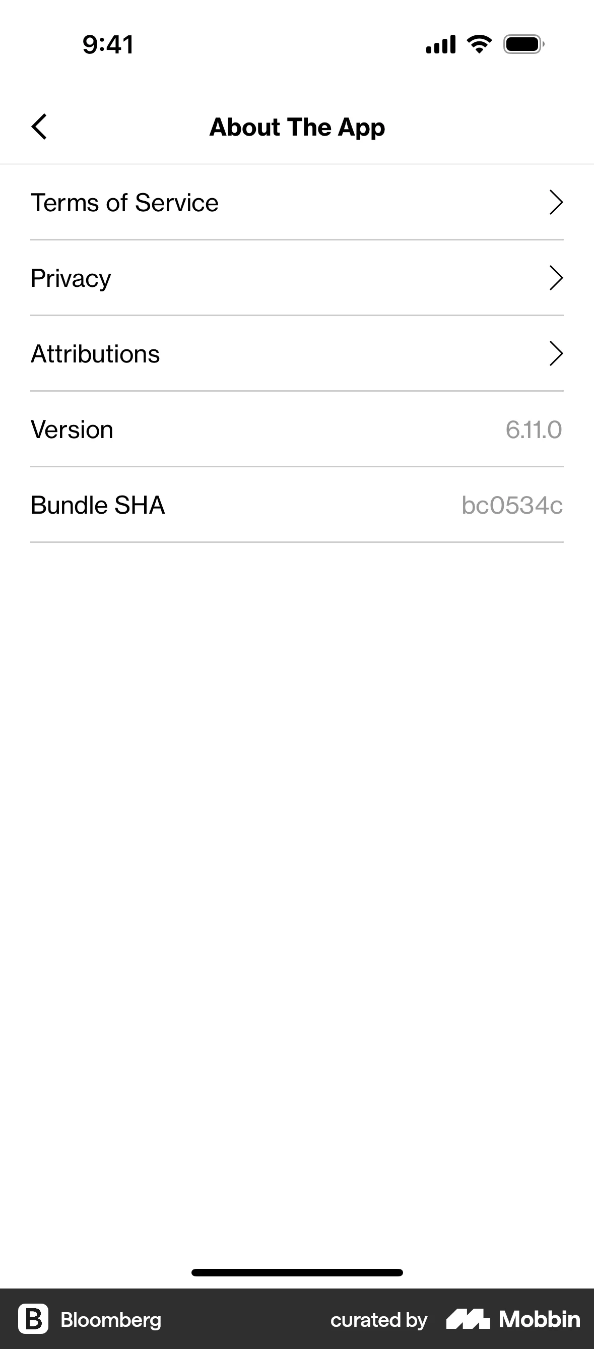 Bloomberg iOS About screen