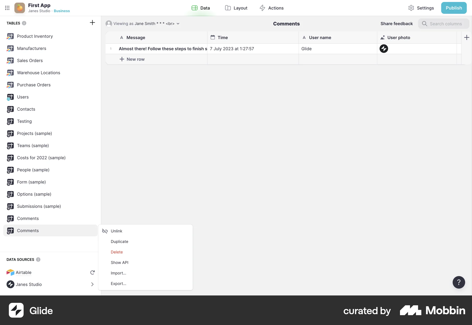 Glide Web screen containing Context Menu UI element
