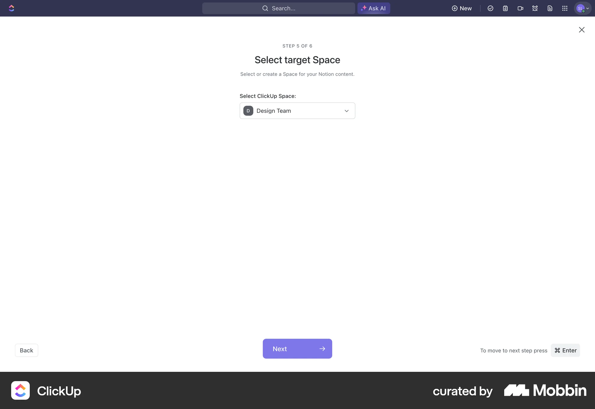 ClickUp Web Wizard UI screen