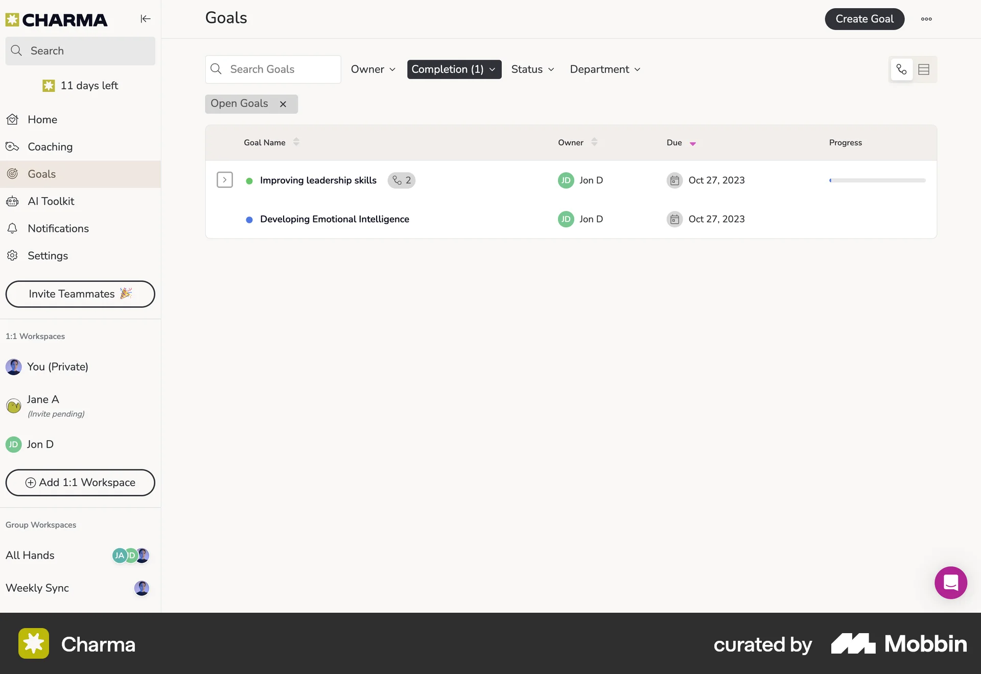 Charma Web Goal & Task screen