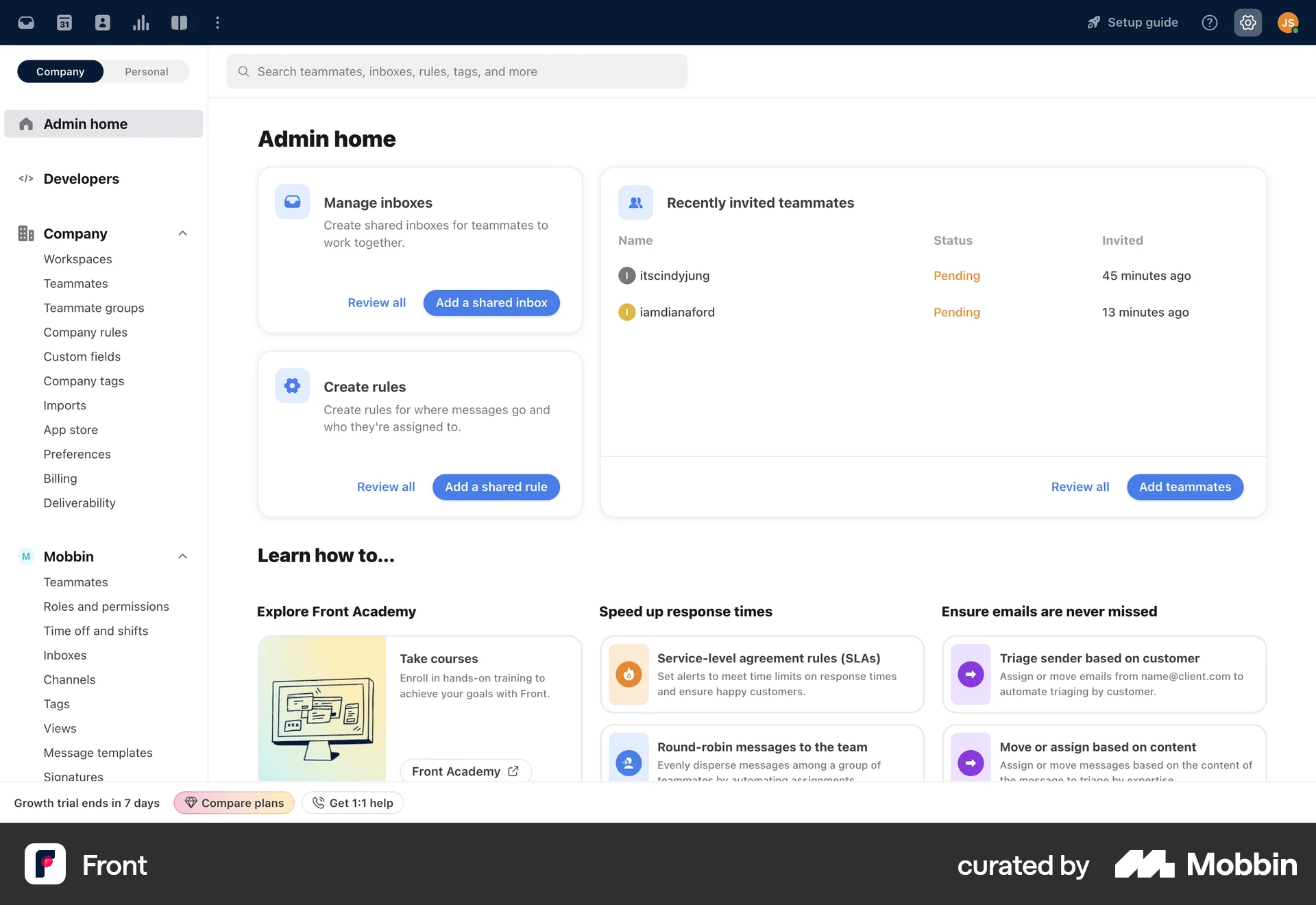 Front Web Admin UI screen