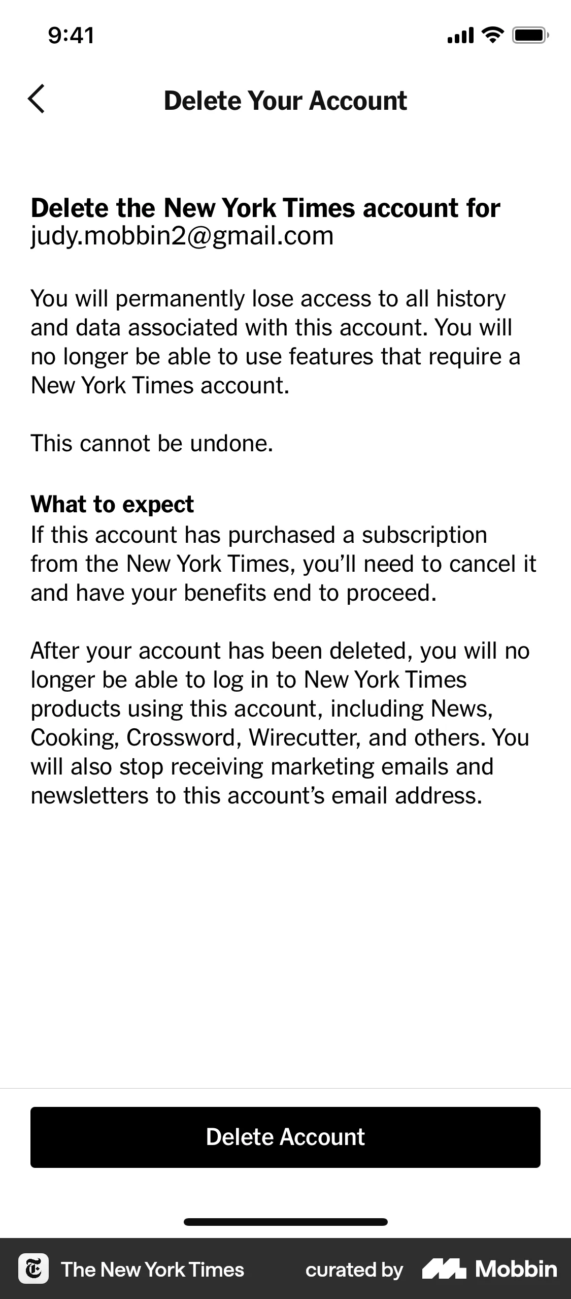 The New York Times iOS Delete & Deactivate Account screen