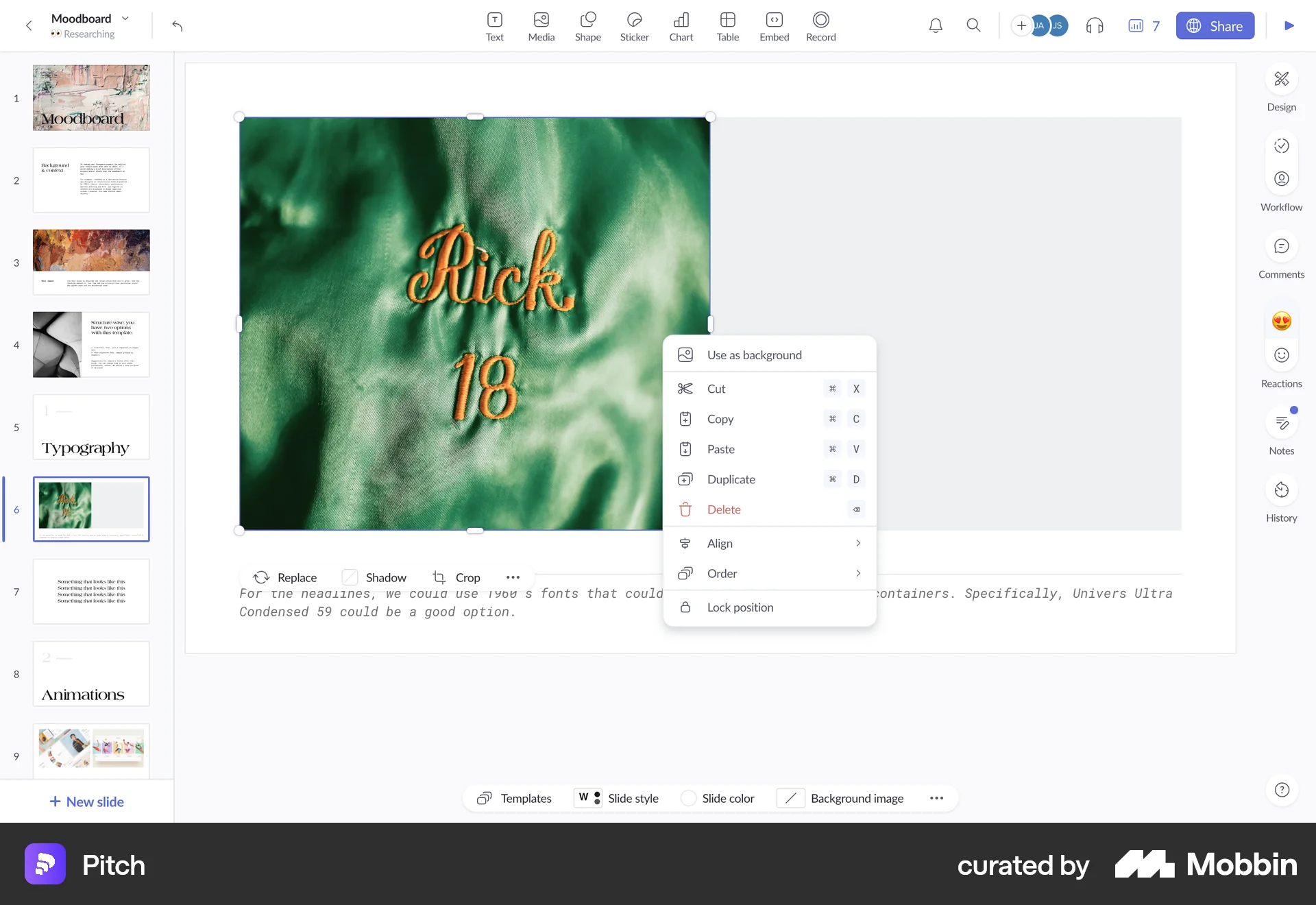 Pitch Web screen containing Context Menu UI element