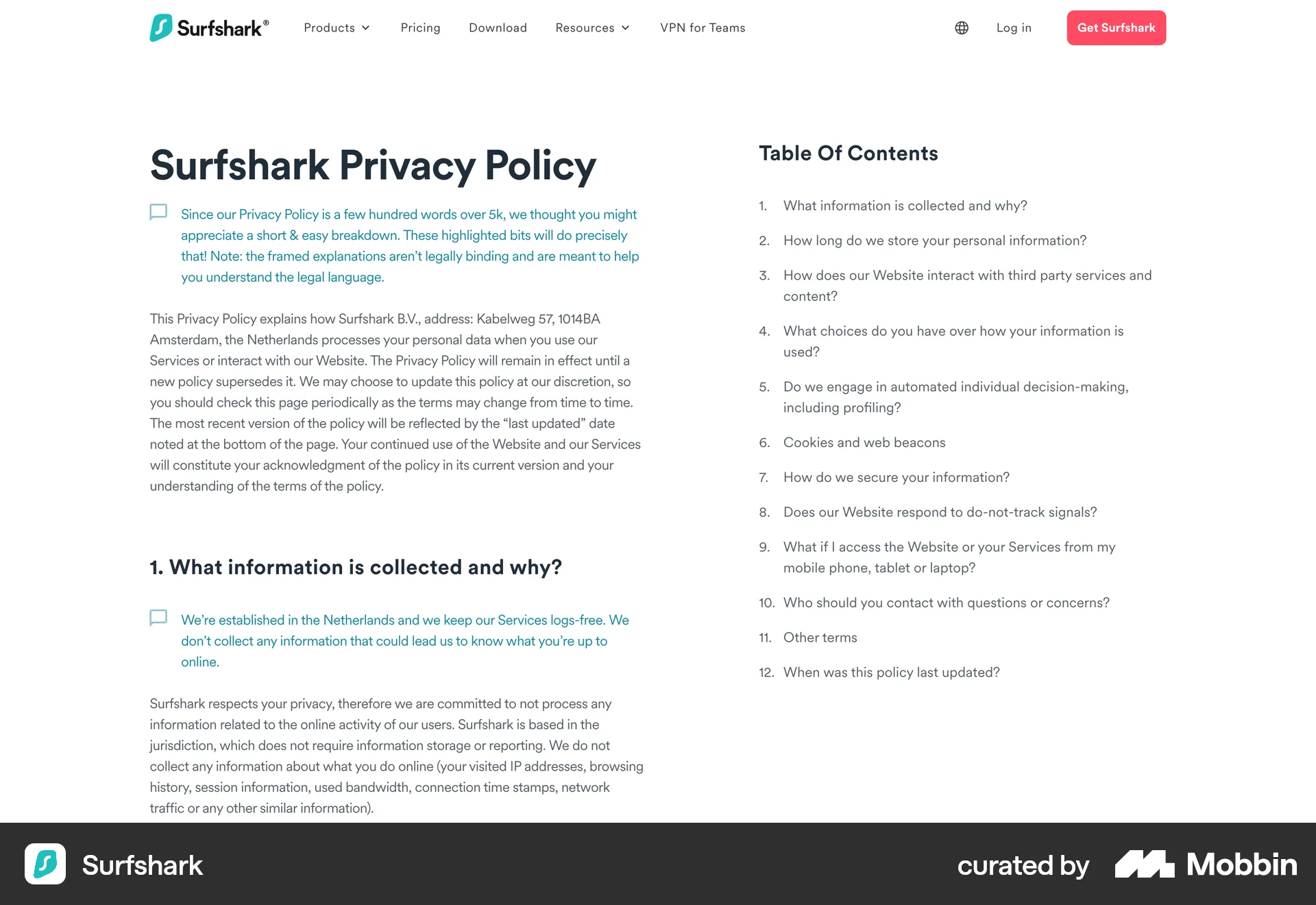 Surfshark Web screen containing Table of Contents UI element