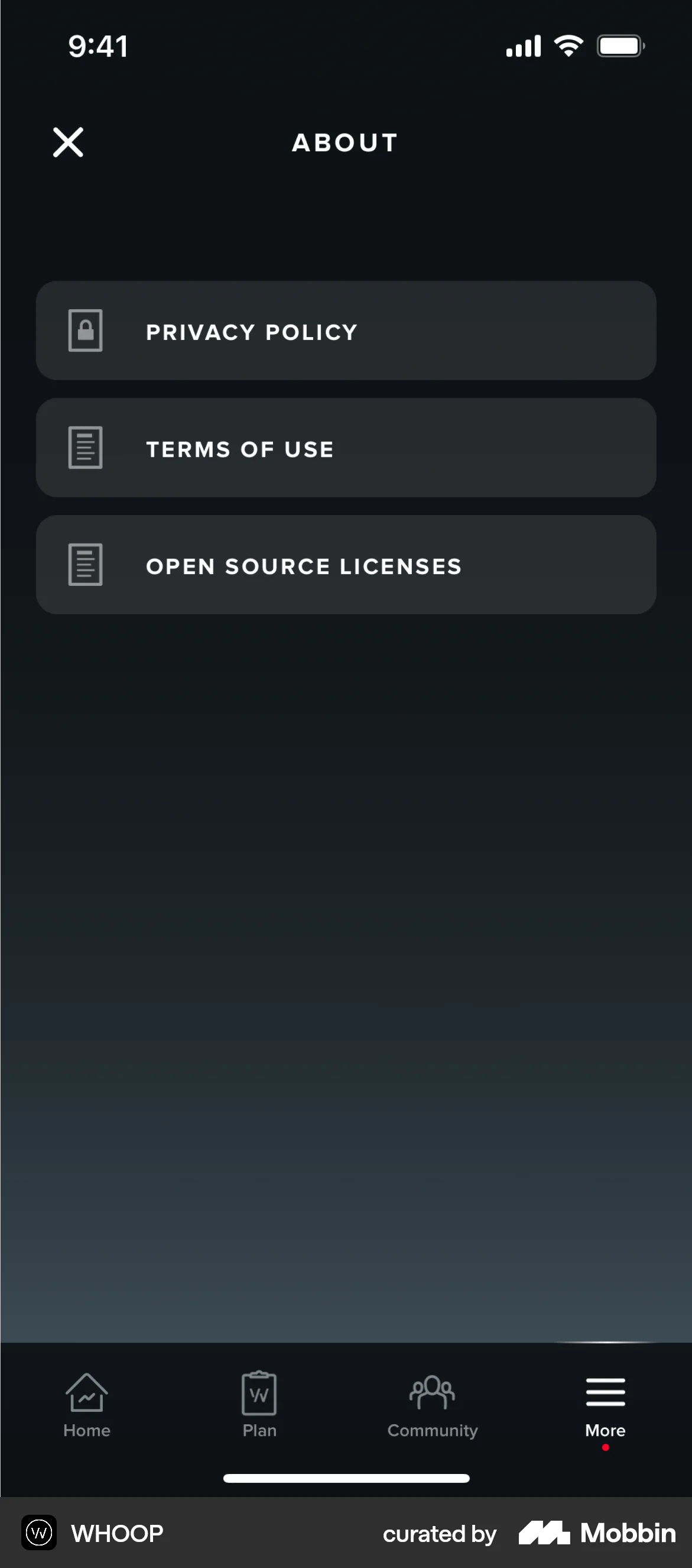 WHOOP iOS About screen