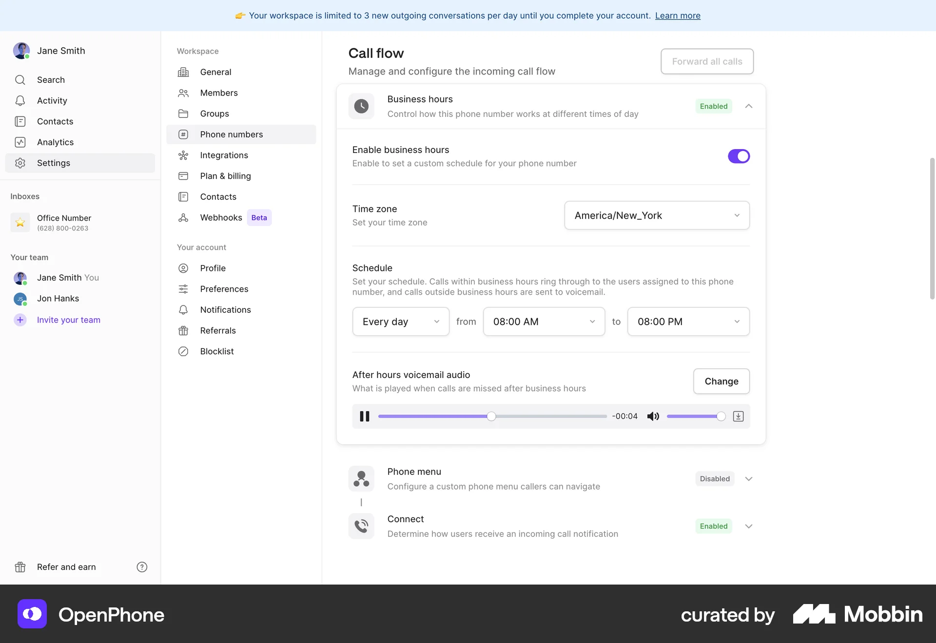 OpenPhone Web Audio Player screen