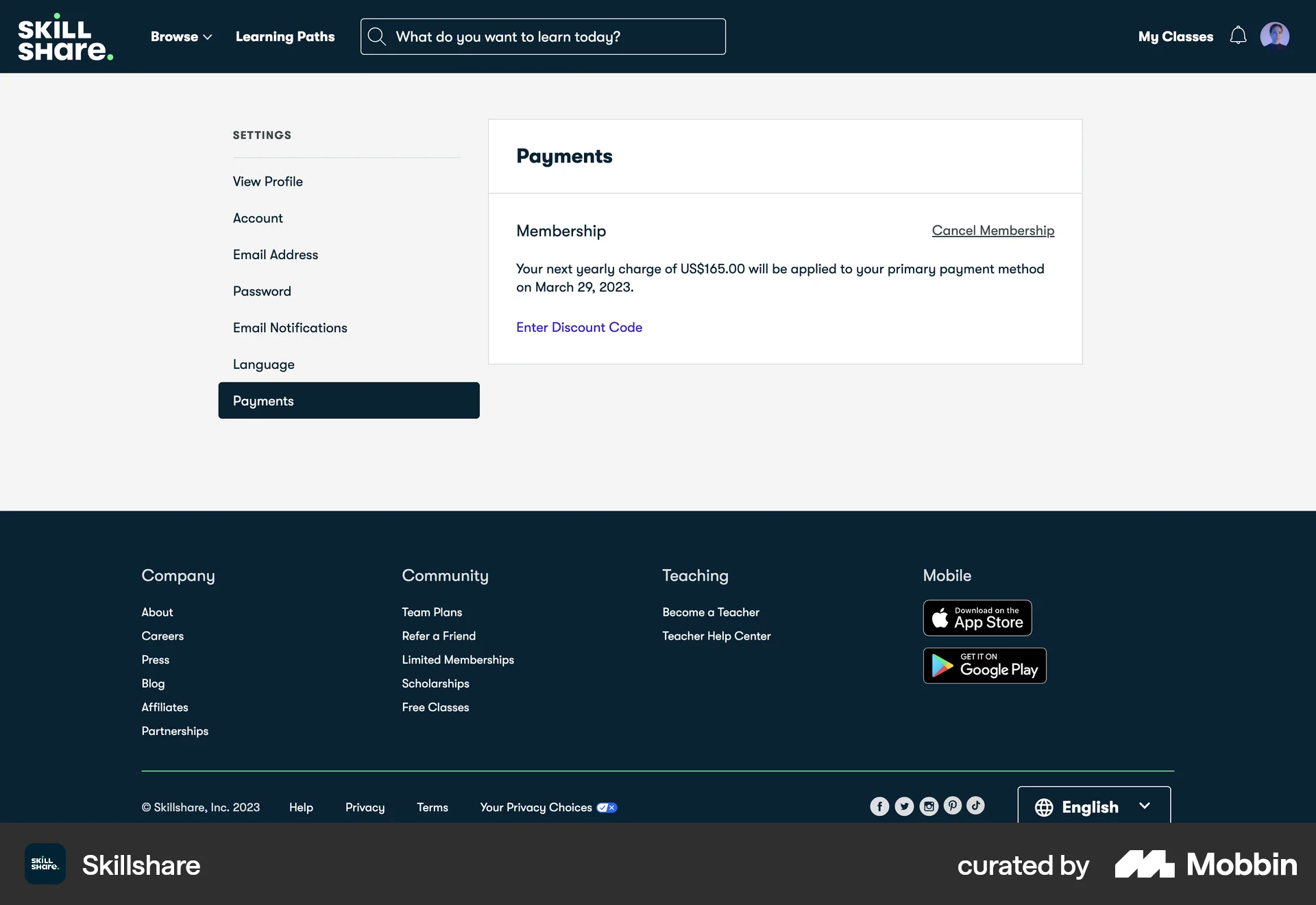 Skillshare Web Billing screen