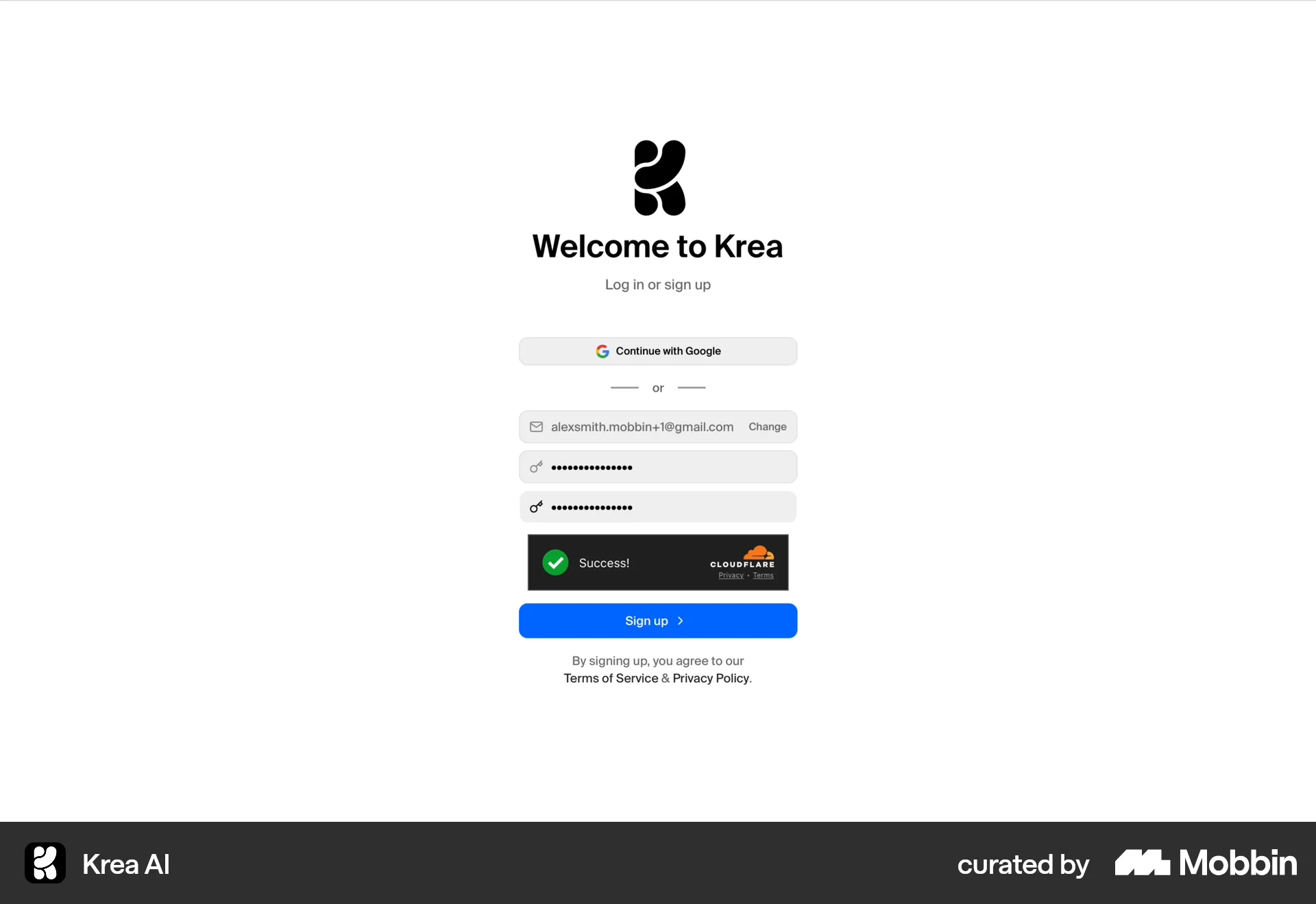 Krea AI Web Signup screen