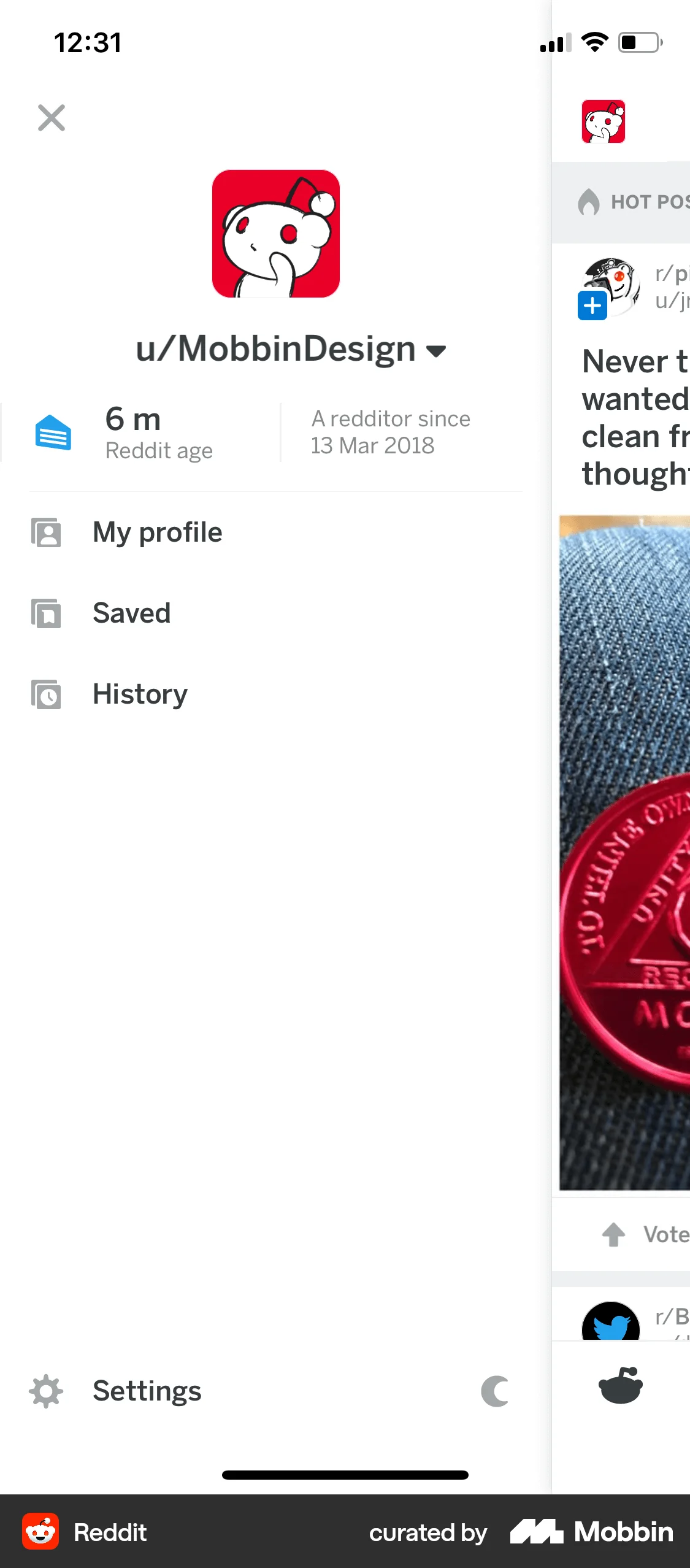 Reddit iOS screen containing Drawer UI element