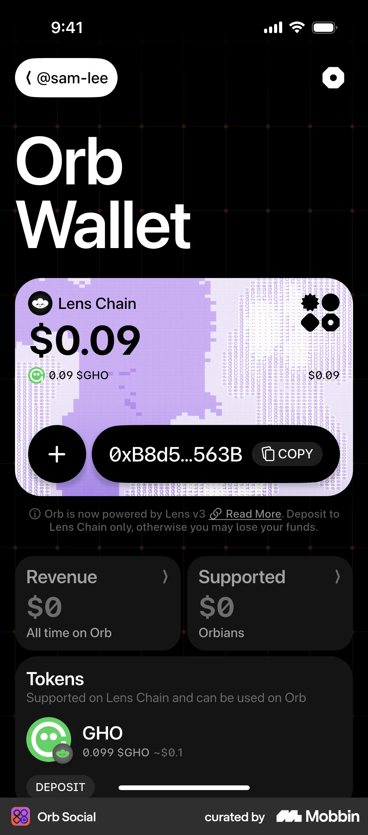 Orb Social iOS Wallet & Balance screen
