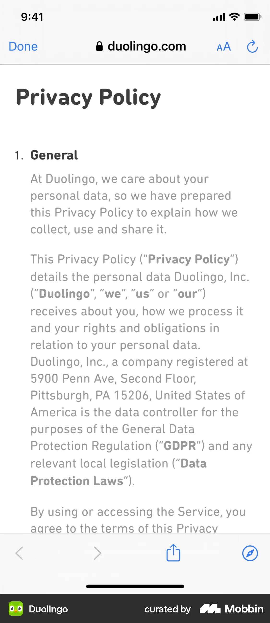 Duolingo iOS Privacy Policy screen
