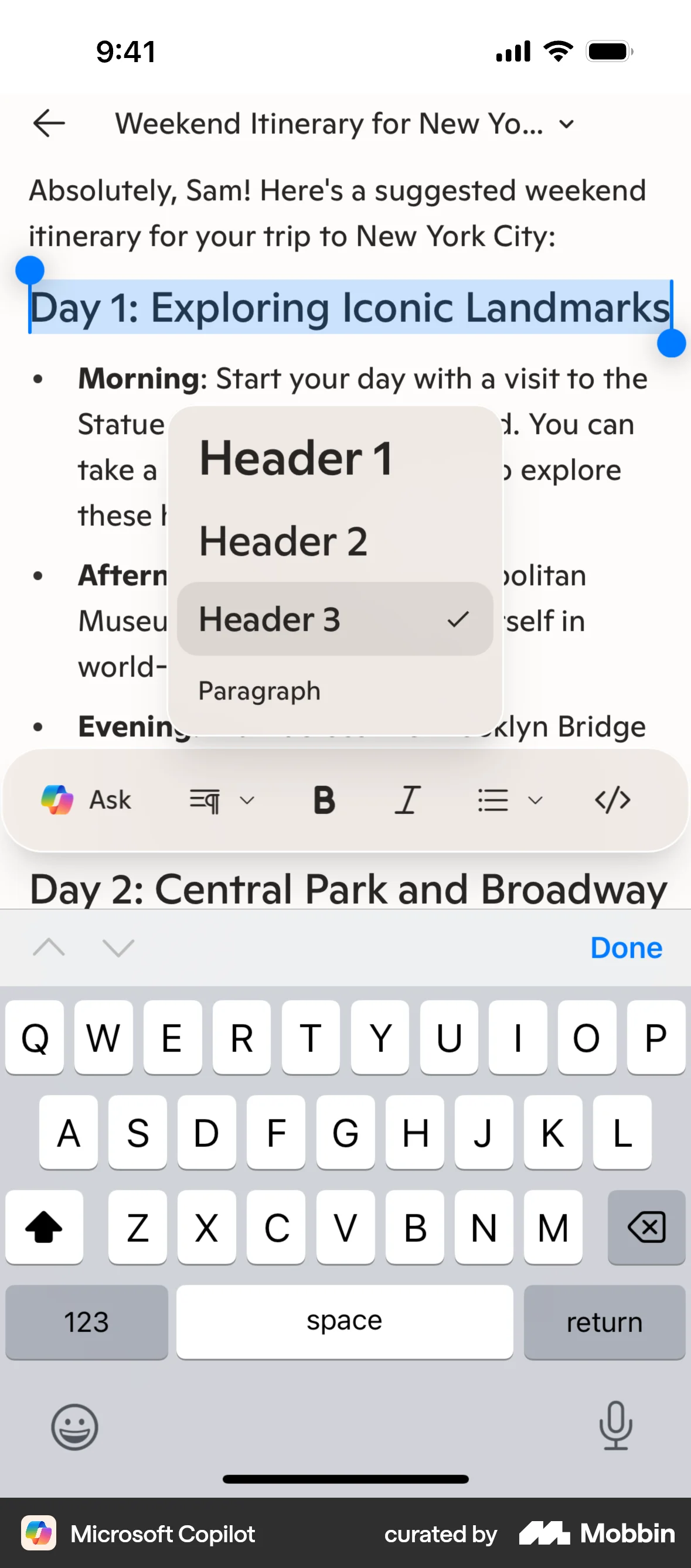 Microsoft Copilot iOS screen containing Dropdown Menu UI element