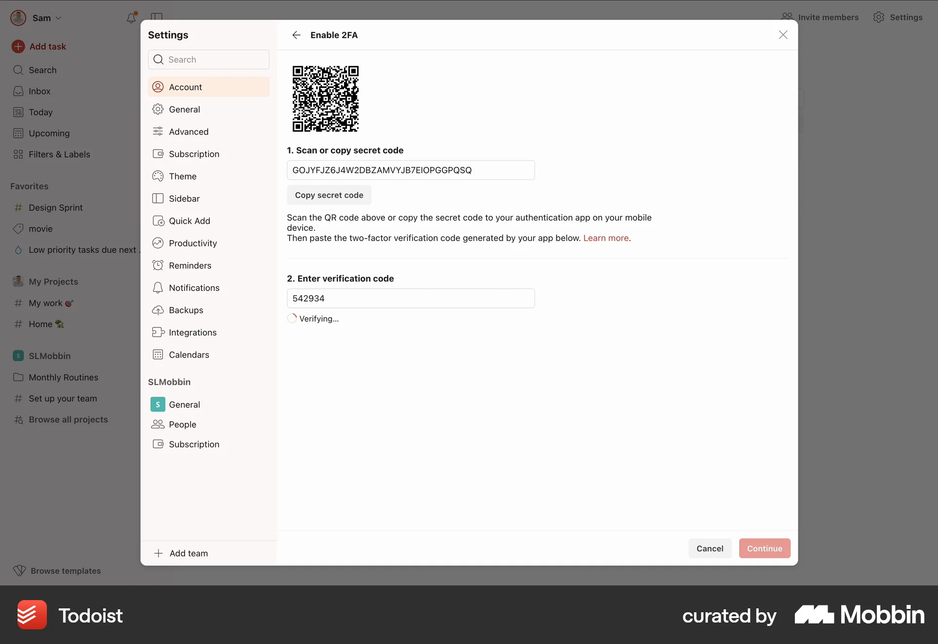 Todoist Web QR Code screen