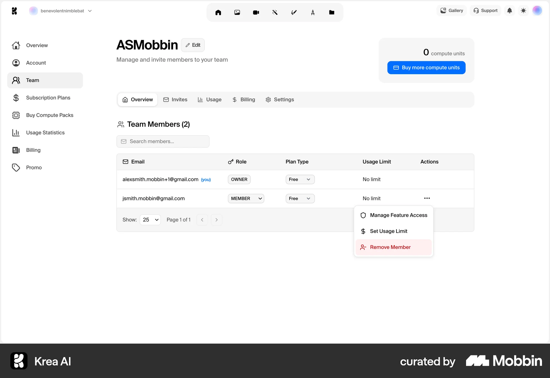 Krea AI Web Action Option screen
