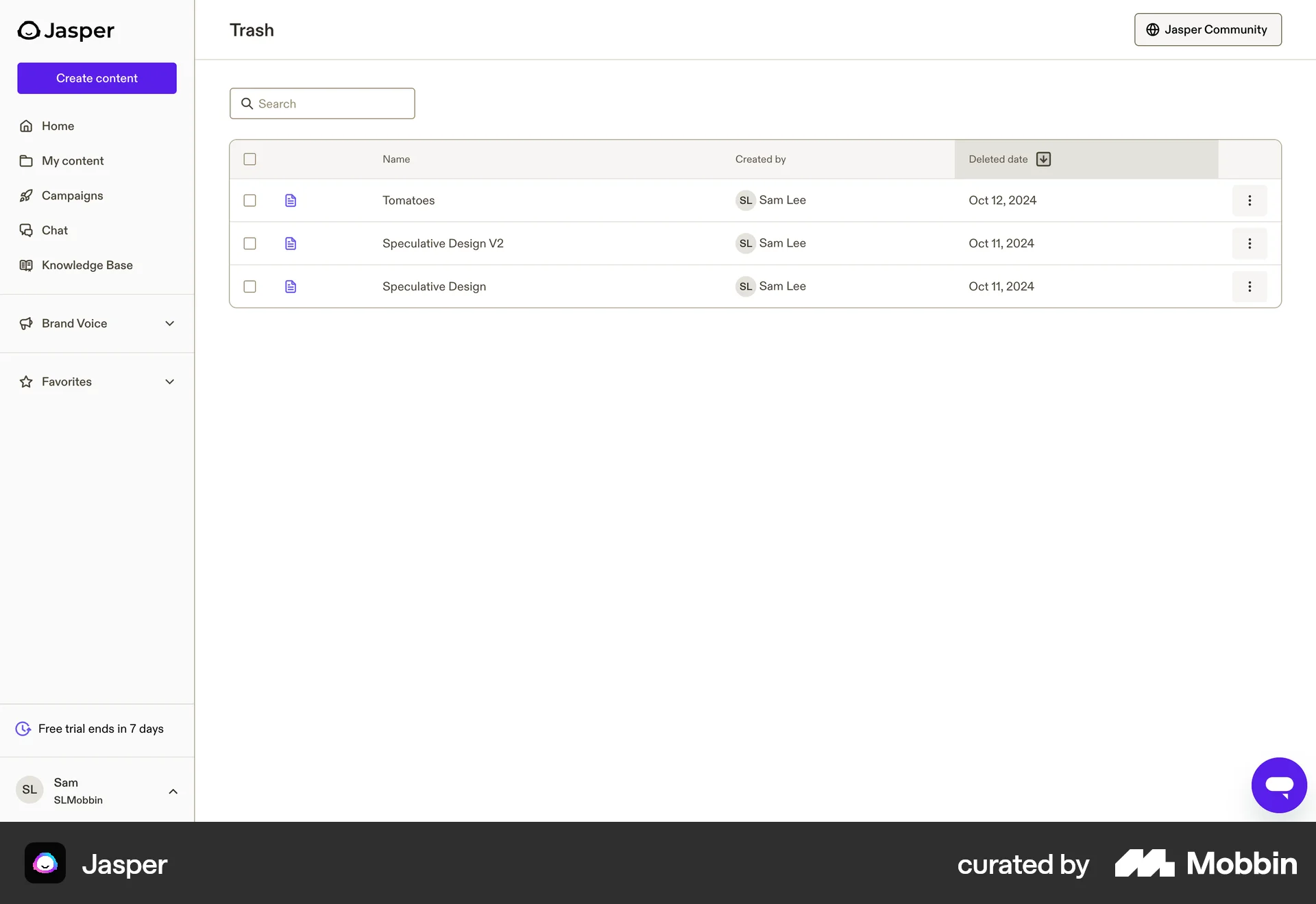 Jasper Web Trash & Archive screen