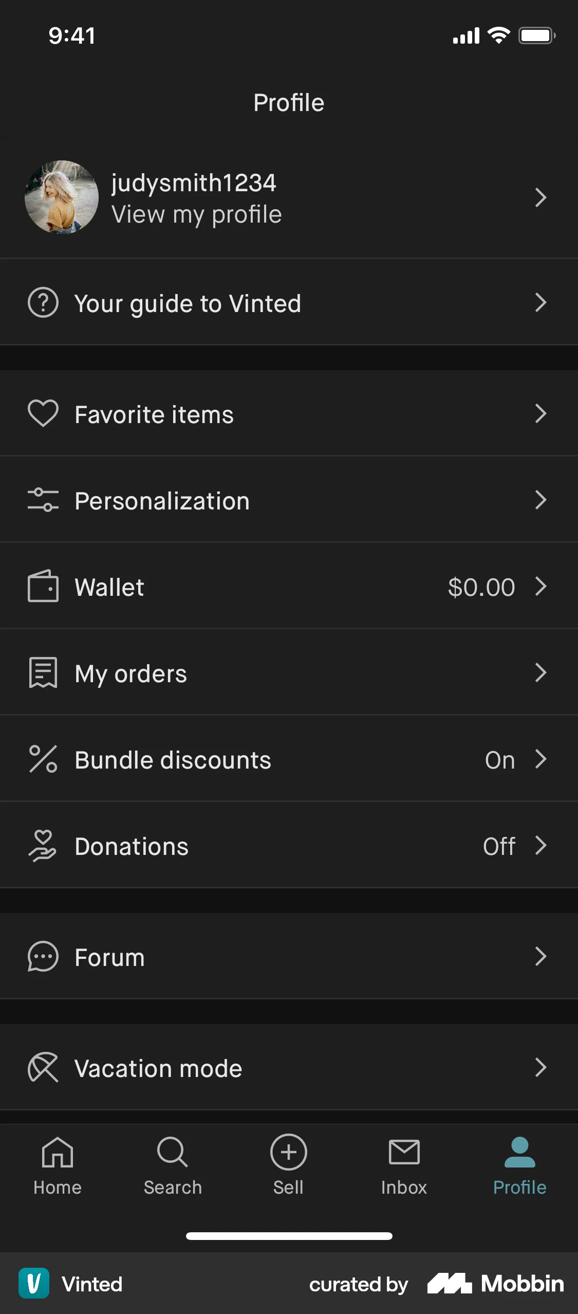 Vinted iOS Dark Mode screen