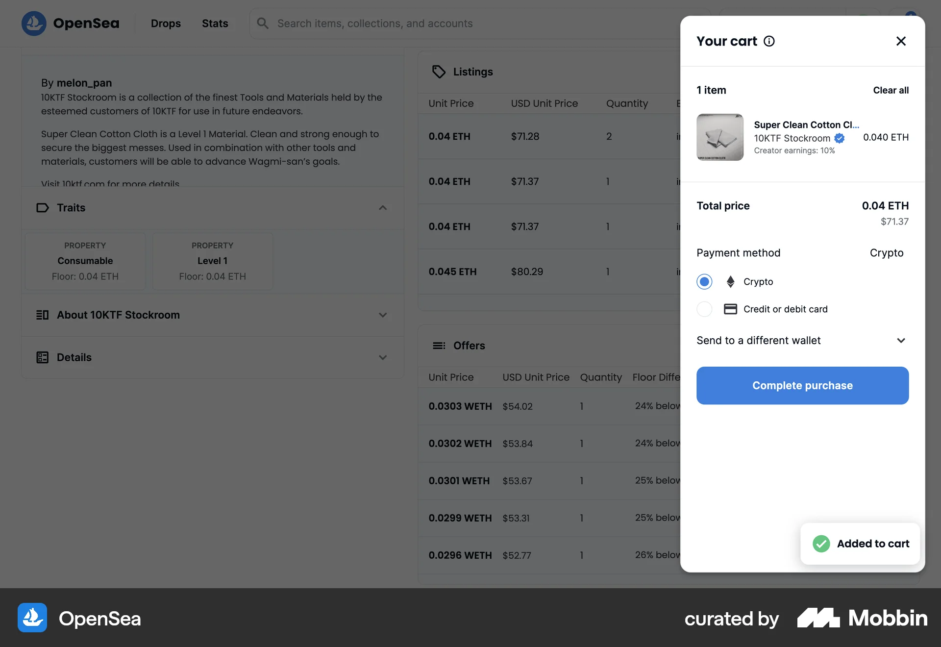 OpenSea Web screen containing Radio Button UI element